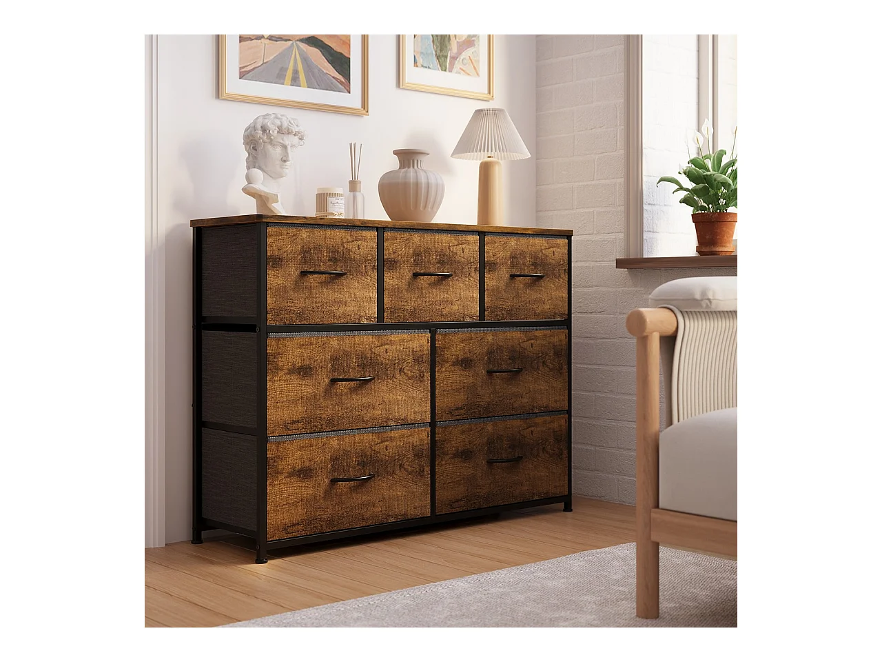 Commode de Chambre Bealife 7 Tiroirs en Tissu Cadre en Acier Pieds en Plastique Réglable Rangement Meuble Marron Vintage