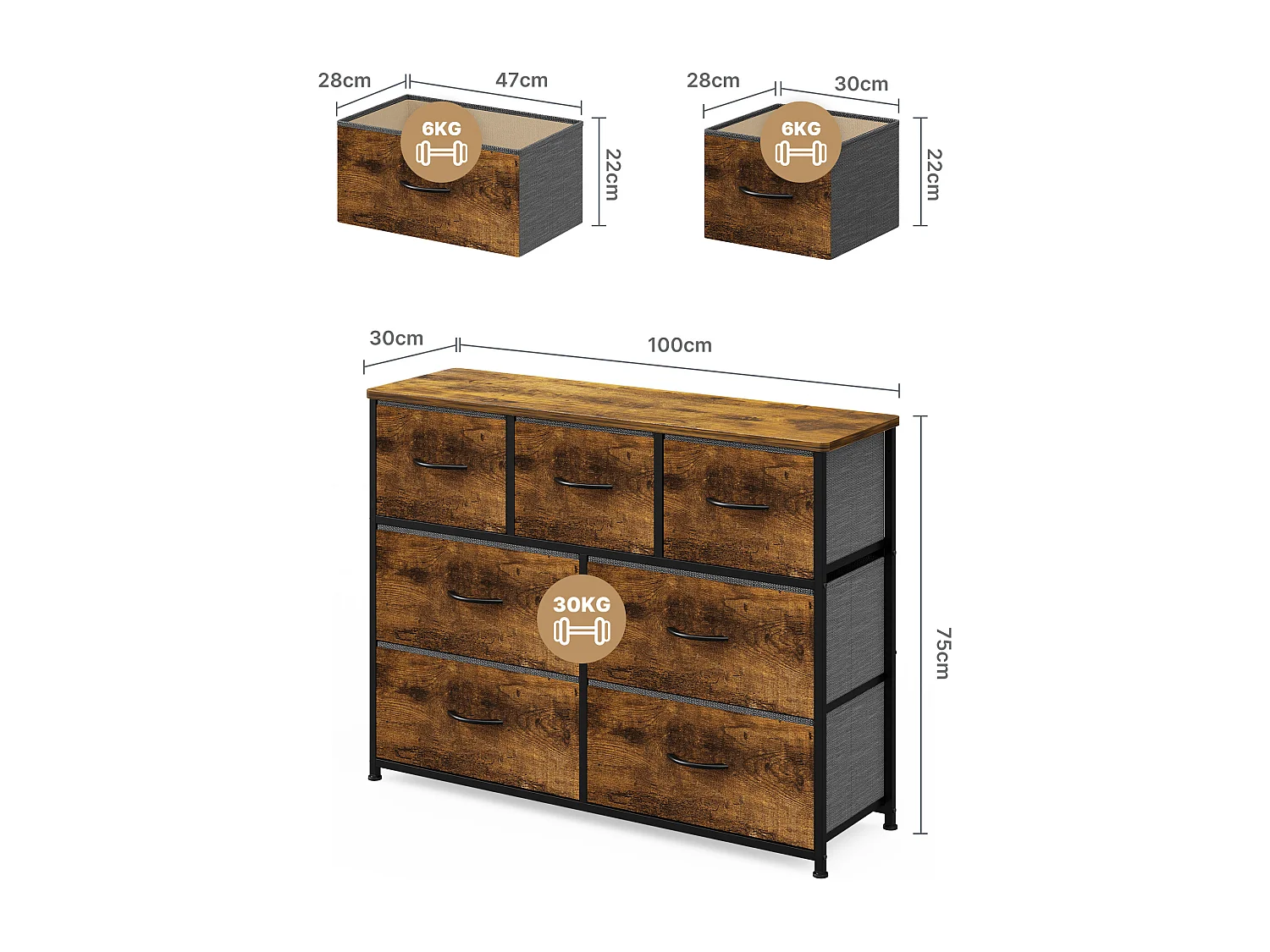 Bealife slaapkamerkommode met 7 linnen laden, staal frame, verstelbare plastic poten, bruine vintage inrichting