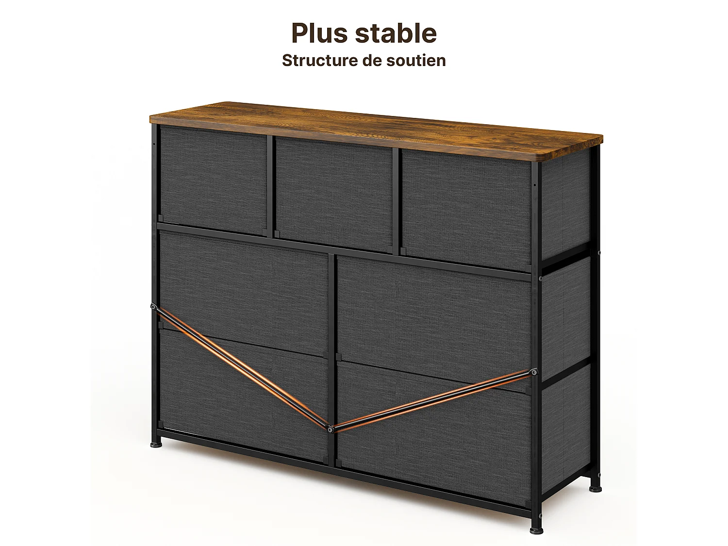 Bealife slaapkamerkommode met 7 linnen laden, staal frame, verstelbare plastic poten, bruine vintage inrichting