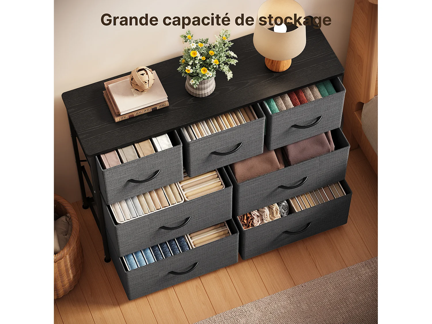 Commode de Chambre Bealife 7 Tiroirs en Tissu Cadre en Acier Pieds en Plastique Réglable Rangement Meuble Gris Foncé