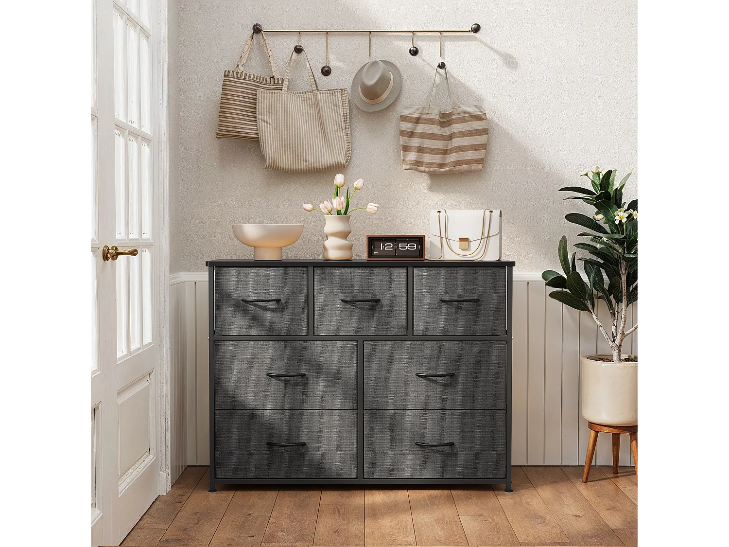 Commode de Chambre Bealife 7 Tiroirs en Tissu Cadre en Acier Pieds en Plastique Réglable Rangement Meuble Gris Foncé