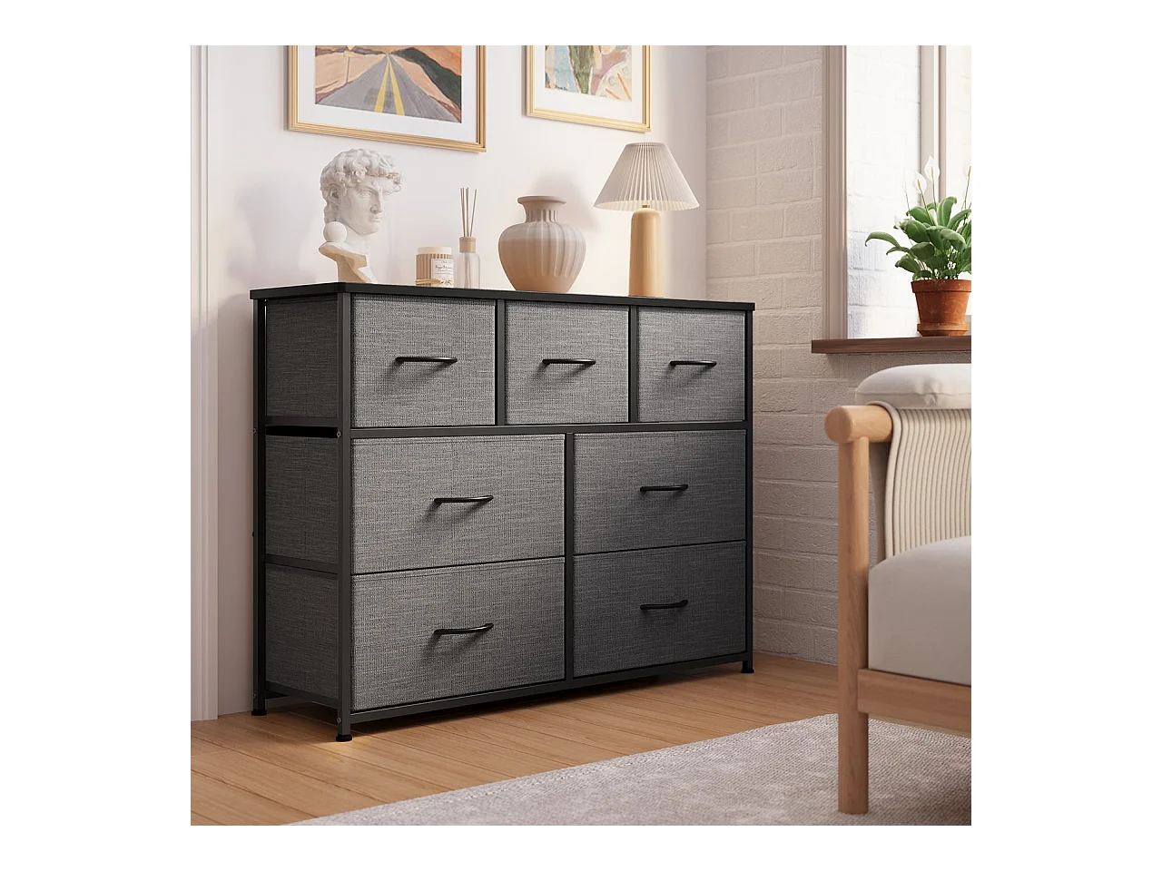 Commode de Chambre Bealife 7 Tiroirs en Tissu Cadre en Acier Pieds en Plastique Réglable Rangement Meuble Gris Foncé