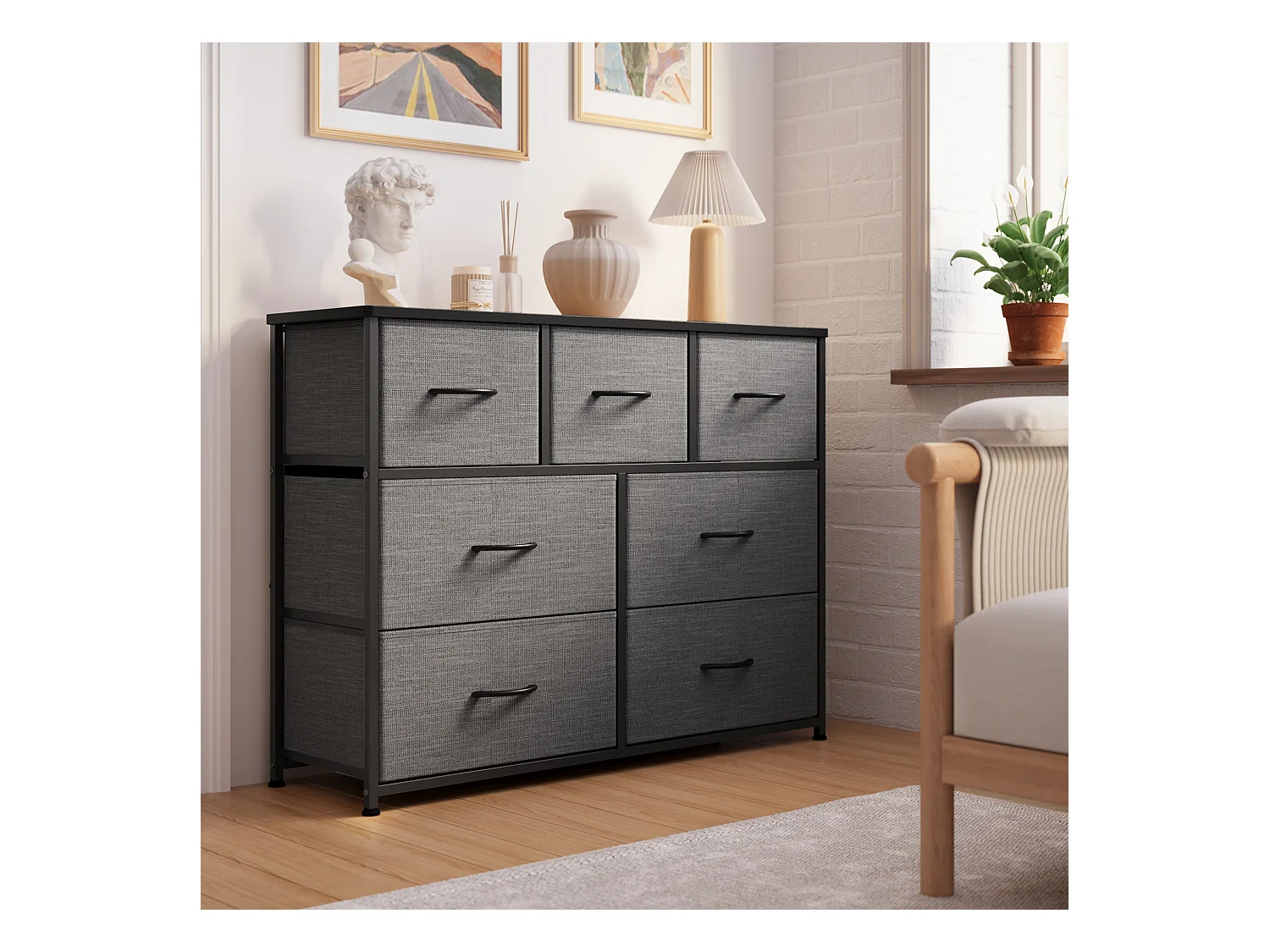 Commode de Chambre Bealife 7 Tiroirs en Tissu Cadre en Acier Pieds en Plastique Réglable Rangement Meuble Gris Foncé