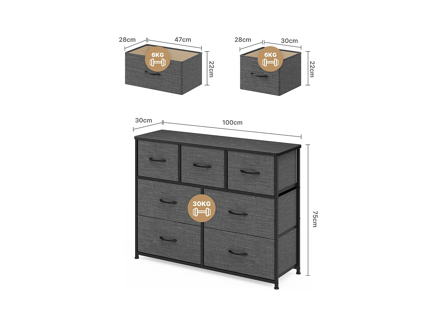 Commode de Chambre Bealife 7 Tiroirs en Tissu Cadre en Acier Pieds en Plastique Réglable Rangement Meuble Gris Foncé