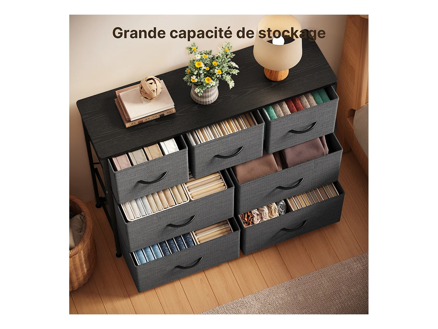 Commode de Chambre Bealife 7 Tiroirs en Tissu Cadre en Acier Pieds en Plastique Réglable Rangement Meuble Gris Foncé