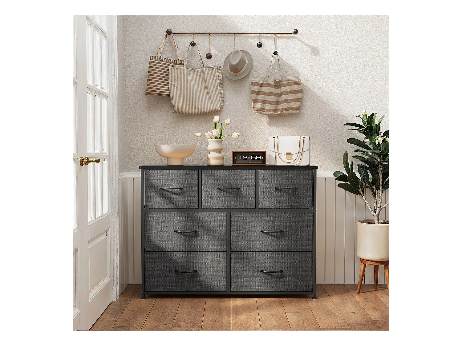 Commode de Chambre Bealife 7 Tiroirs en Tissu Cadre en Acier Pieds en Plastique Réglable Rangement Meuble Gris Foncé
