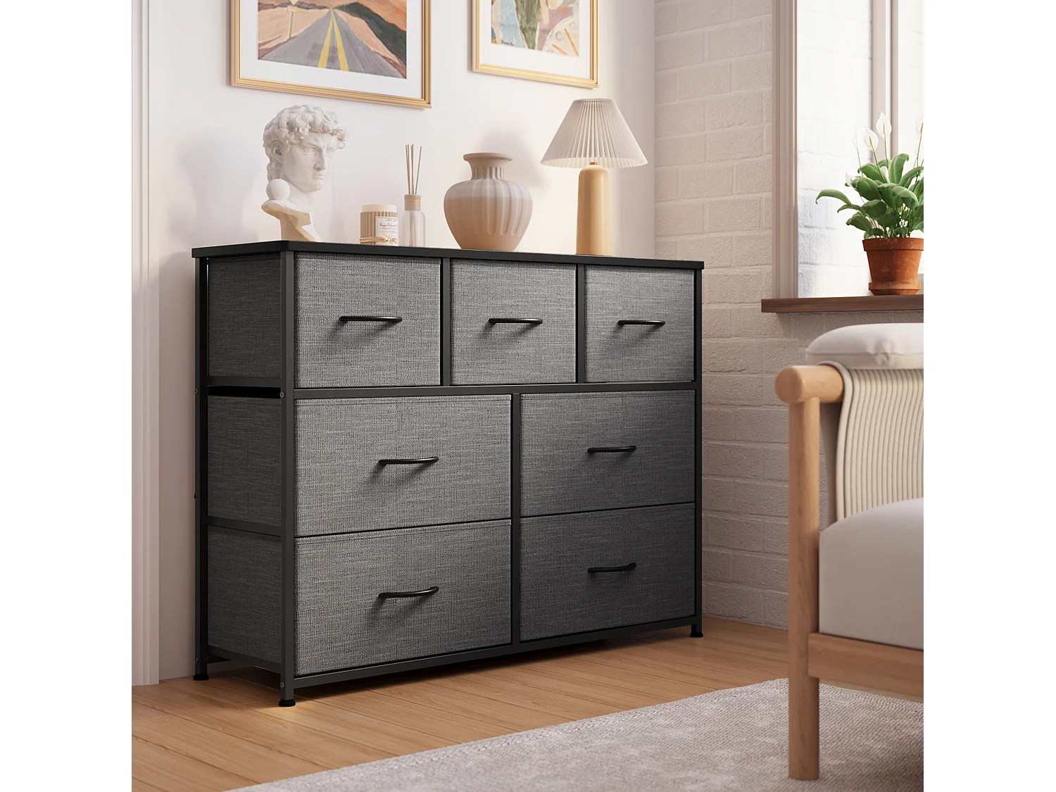 Commode de Chambre Bealife 7 Tiroirs en Tissu Cadre en Acier Pieds en Plastique Réglable Rangement Meuble Gris Foncé