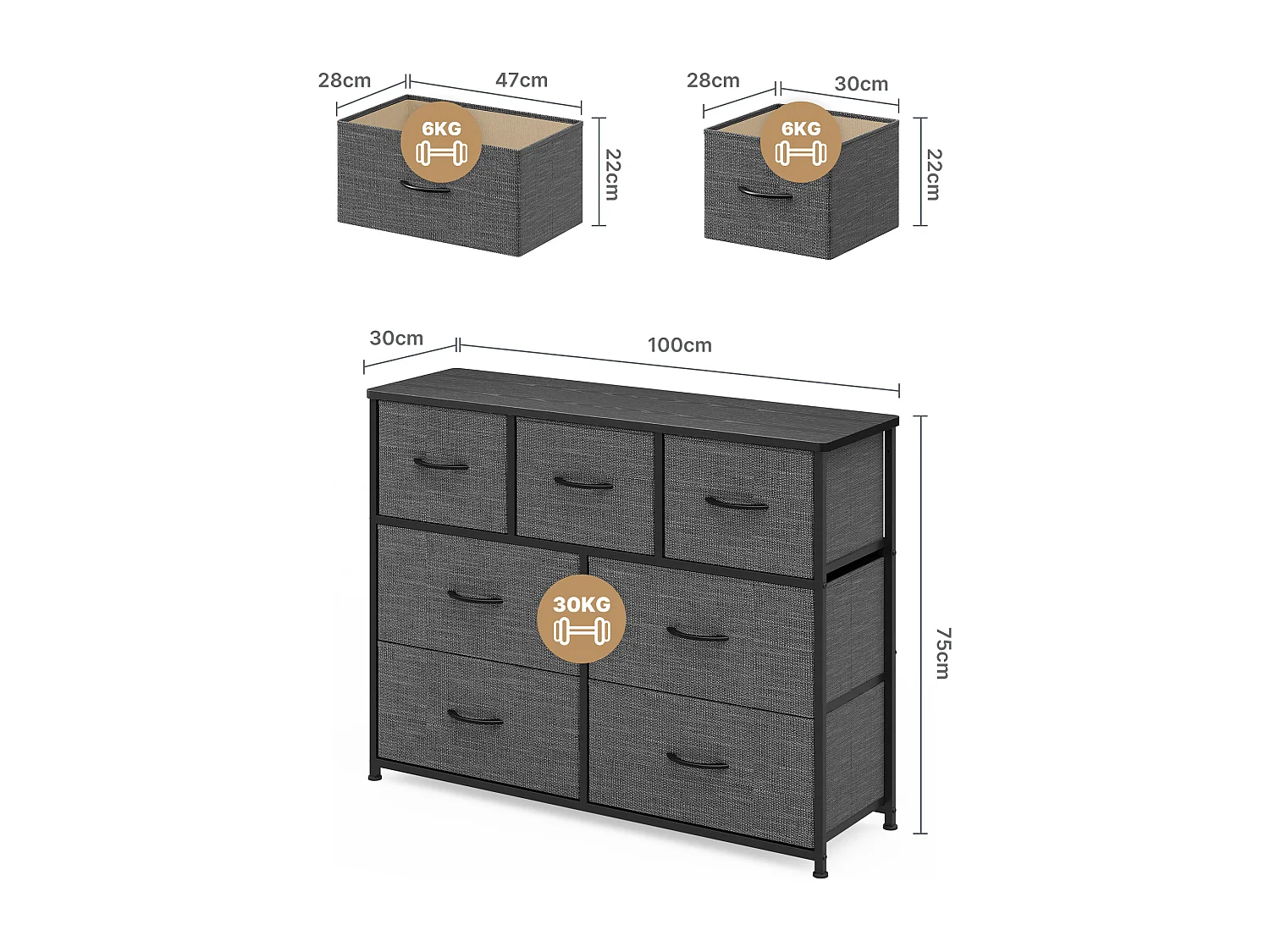 Commode de Chambre Bealife 7 Tiroirs en Tissu Cadre en Acier Pieds en Plastique Réglable Rangement Meuble Gris Foncé