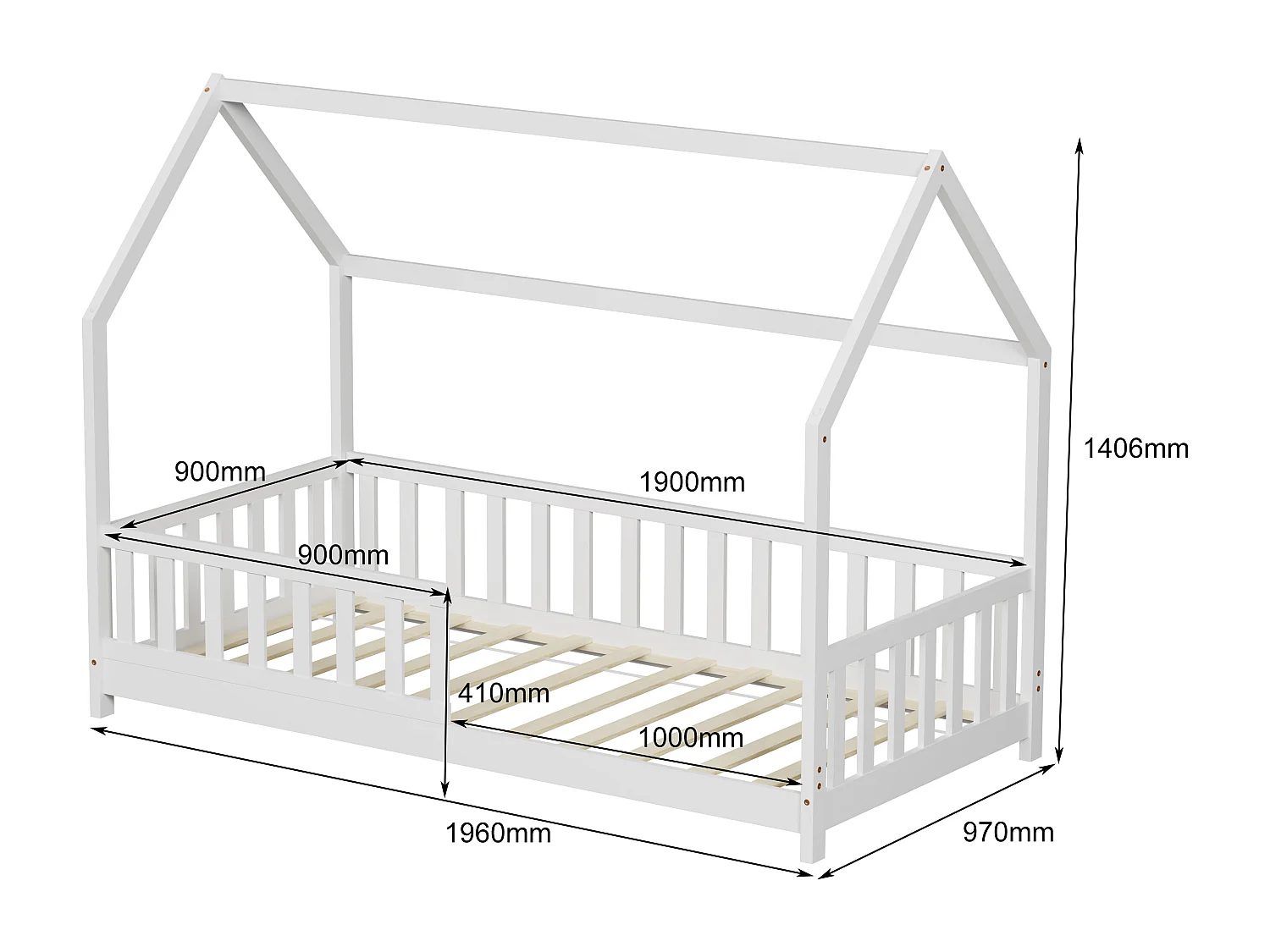 MINEA | Lit cabane avec barrière TCHOUPI 90x190 cm (matelas non inclus)