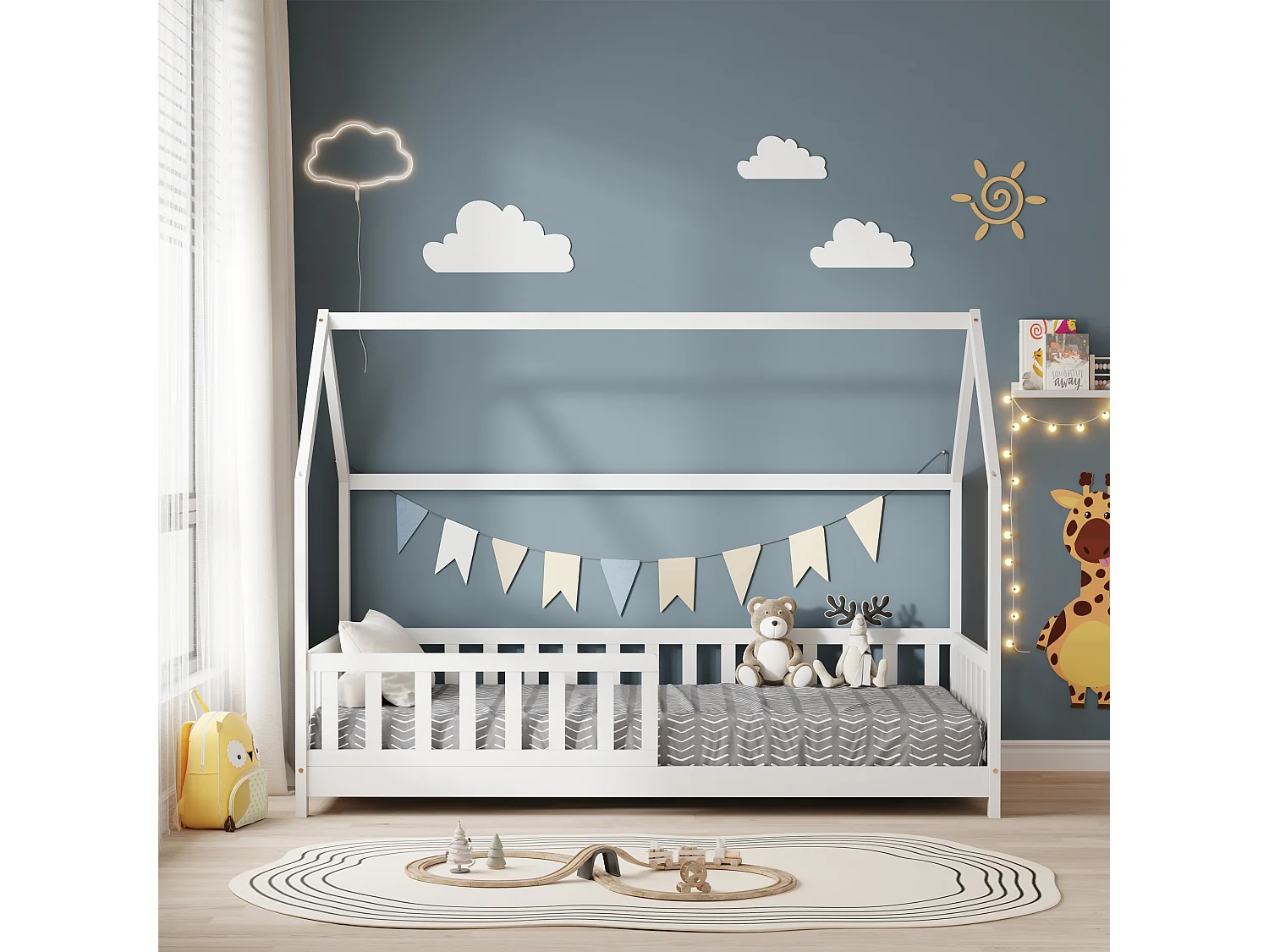 MINEA | Lit cabane avec barrière TCHOUPI 90x190 cm (matelas non inclus)