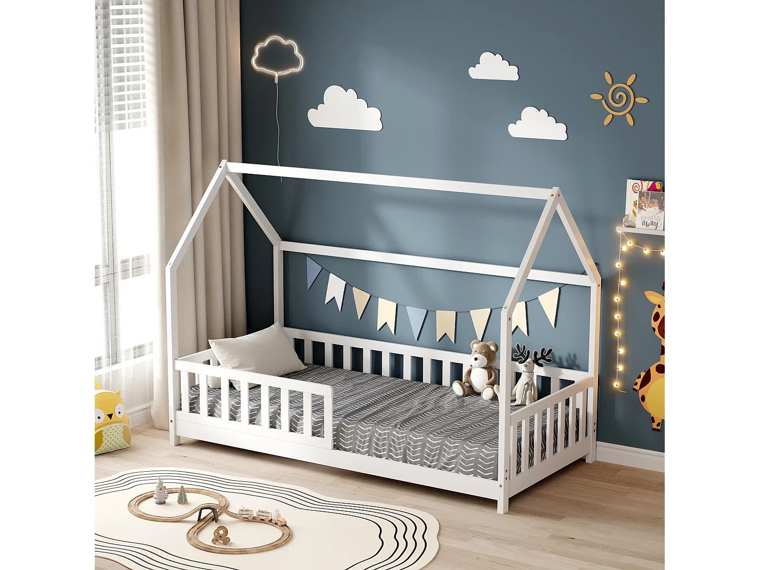 MINEA | Lit cabane avec barrière TCHOUPI 90x190 cm (matelas non inclus)