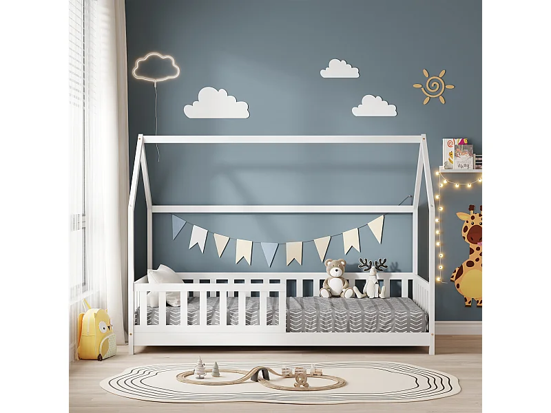 MINEA | Lit cabane avec barrière TCHOUPI 90x190 cm (matelas non inclus)