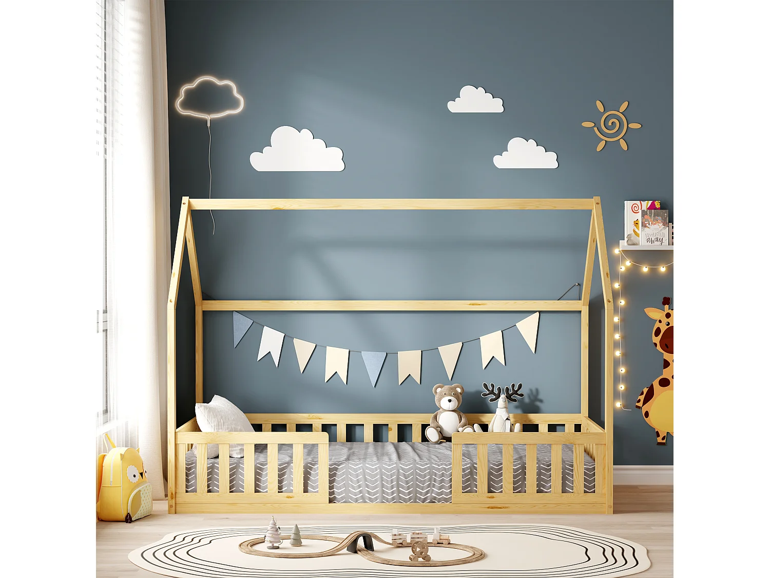 MINEA | Lit cabane avec barrière NID ENCHANTE 90x190 cm (matelas non inclus)