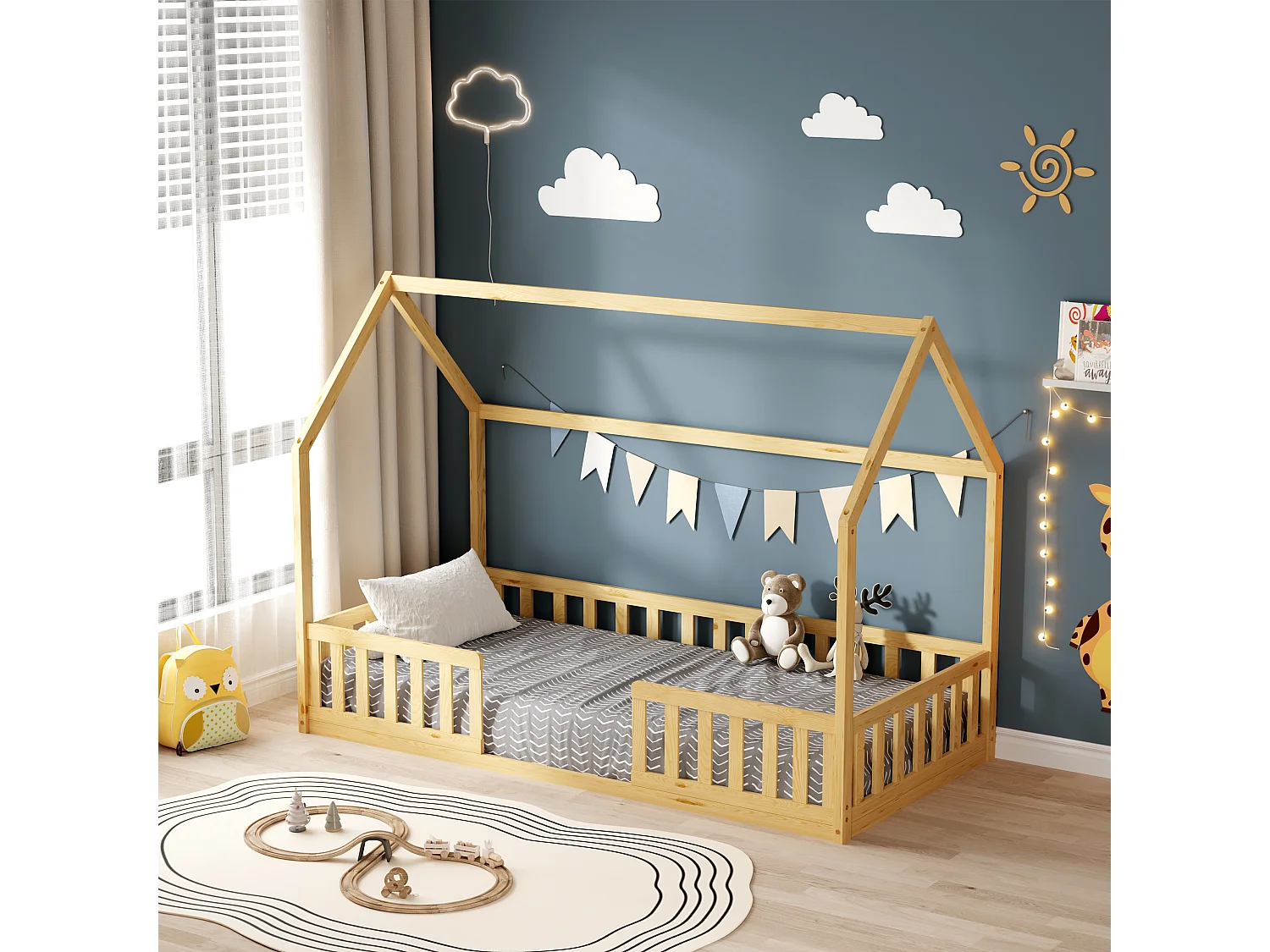 MINEA | Lit cabane avec barrière NID ENCHANTE 90x190 cm (matelas non inclus)