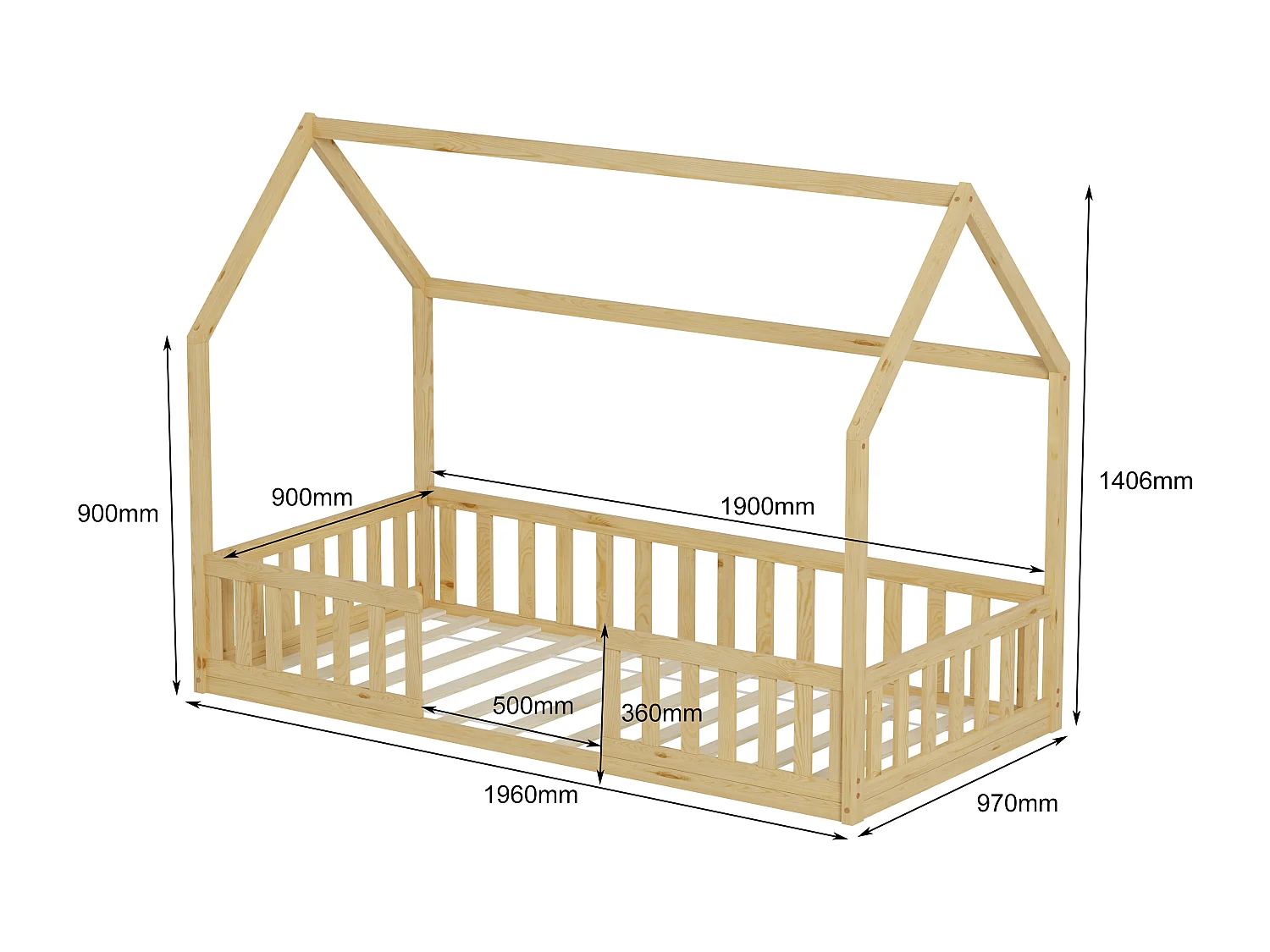 MINEA | Lit cabane avec barrière NID ENCHANTE 90x190 cm (matelas non inclus)