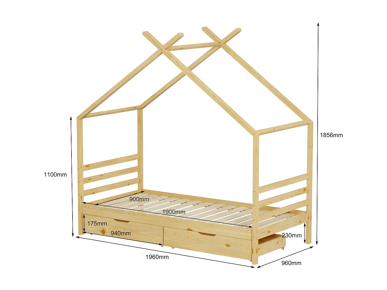MINEA | Lit cabane avec tiroir BAMBINO 90x190 cm (matelas non inclus)