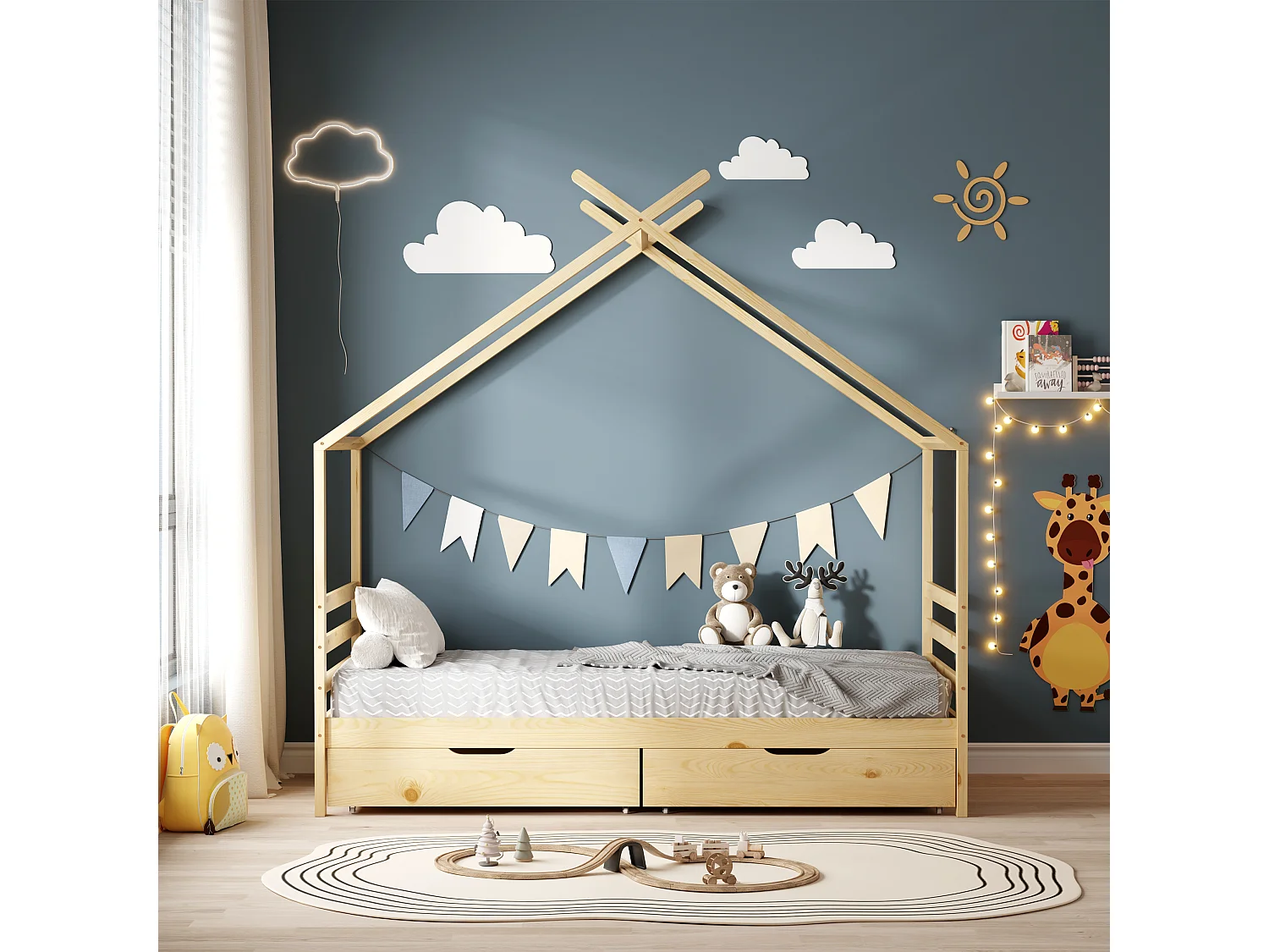 MINEA | Lit cabane avec tiroir BAMBINO 90x190 cm (matelas non inclus)