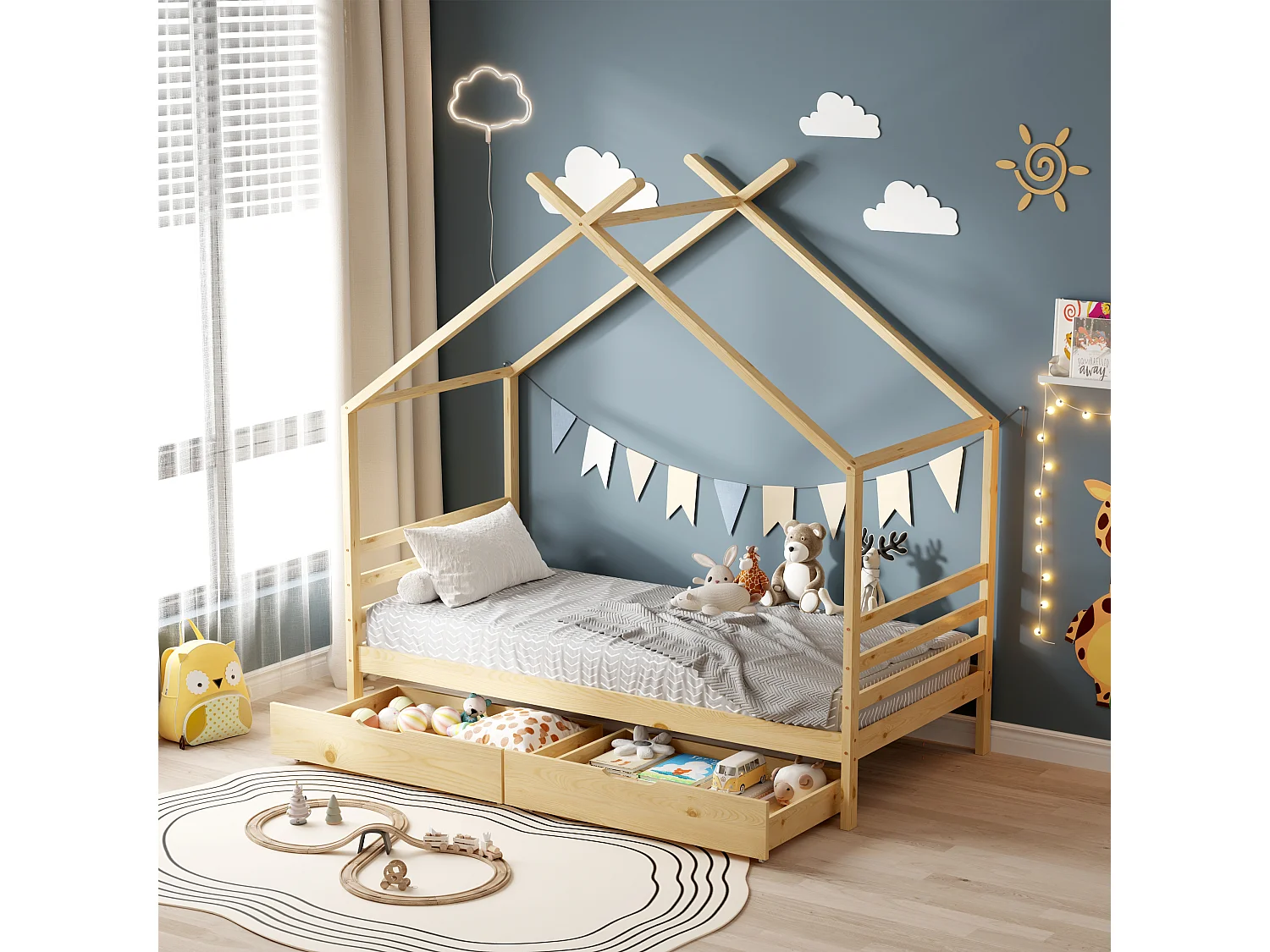 MINEA | Lit cabane avec tiroir BAMBINO 90x190 cm (matelas non inclus)