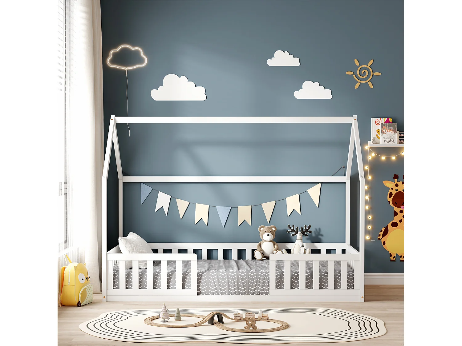 MINEA | Lit cabane avec barrière NID ENCHANTE 90x190 cm (matelas non inclus)