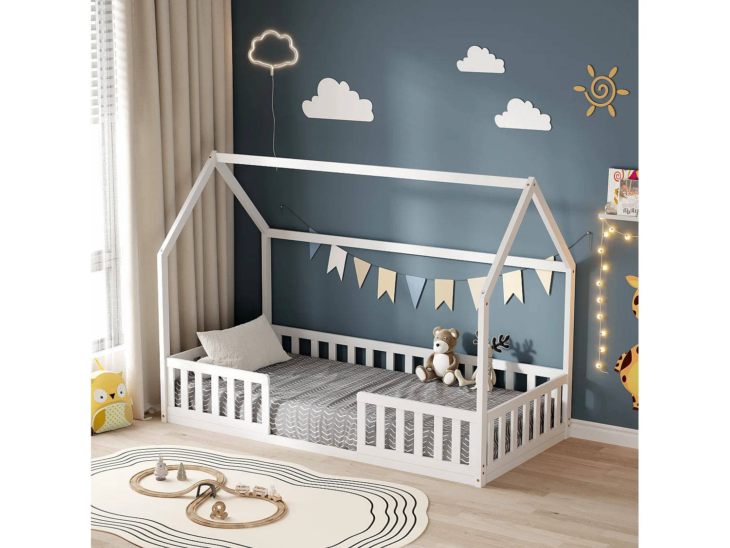 MINEA | Lit cabane avec barrière NID ENCHANTE 90x190 cm (matelas non inclus)