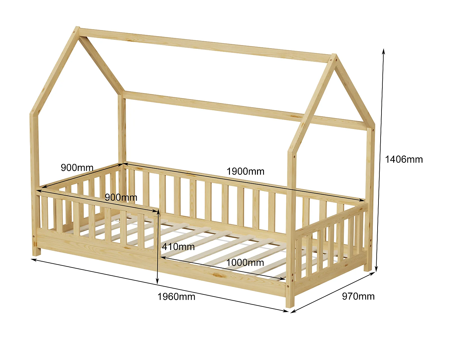 MINEA | Lit cabane avec barrière TCHOUPI 90x190 cm (matelas non inclus)