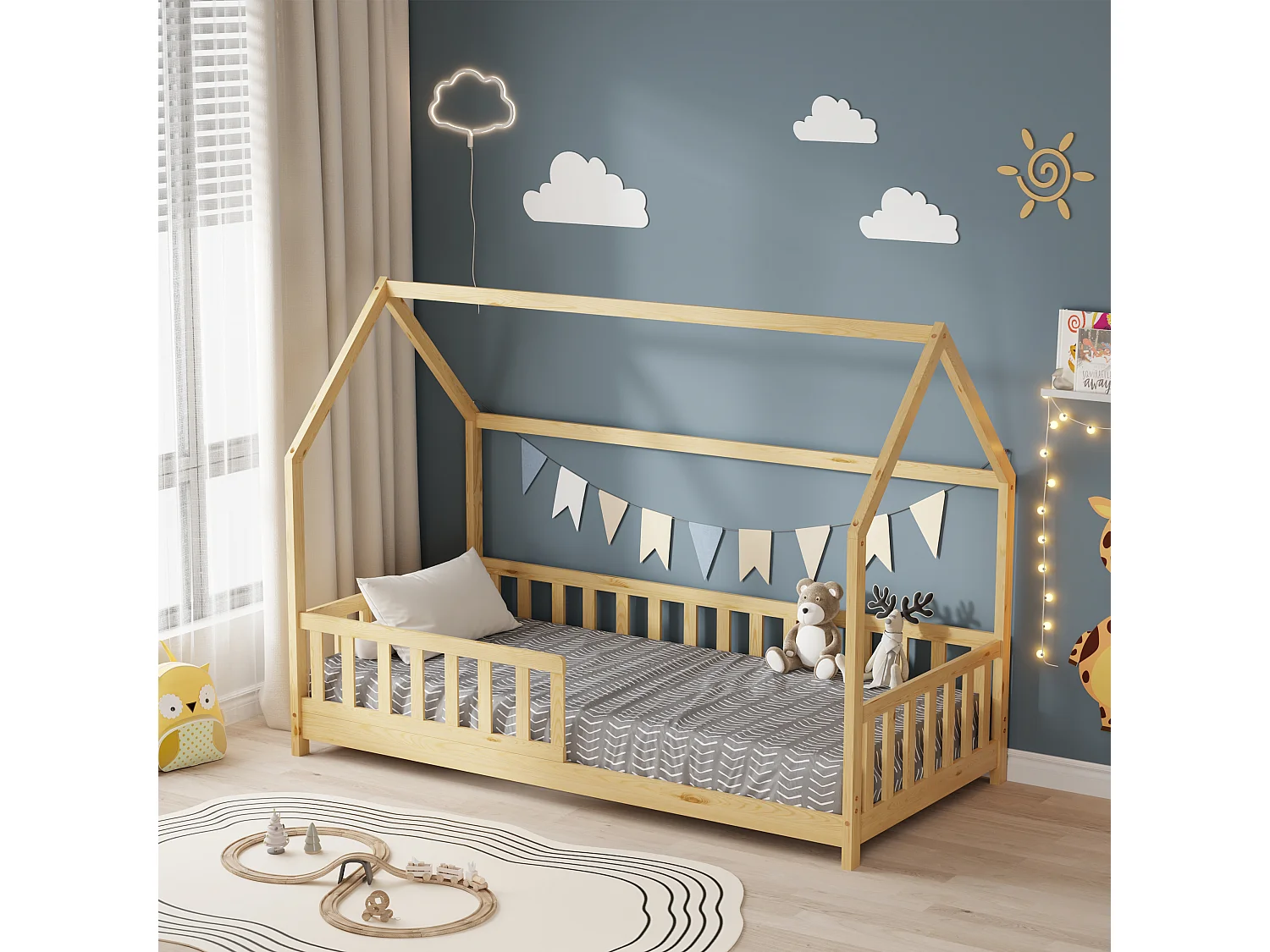 MINEA | Lit cabane avec barrière TCHOUPI 90x190 cm (matelas non inclus)