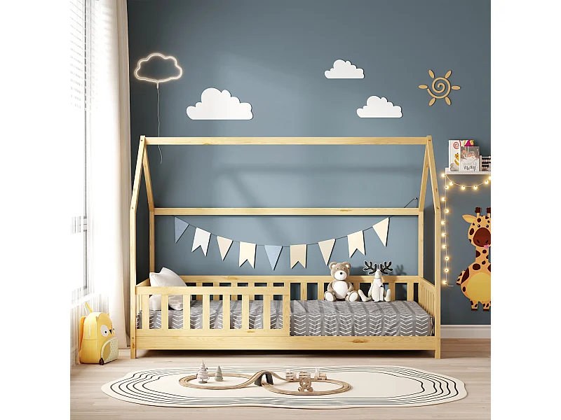 MINEA | Lit cabane avec barrière TCHOUPI 90x190 cm (matelas non inclus)