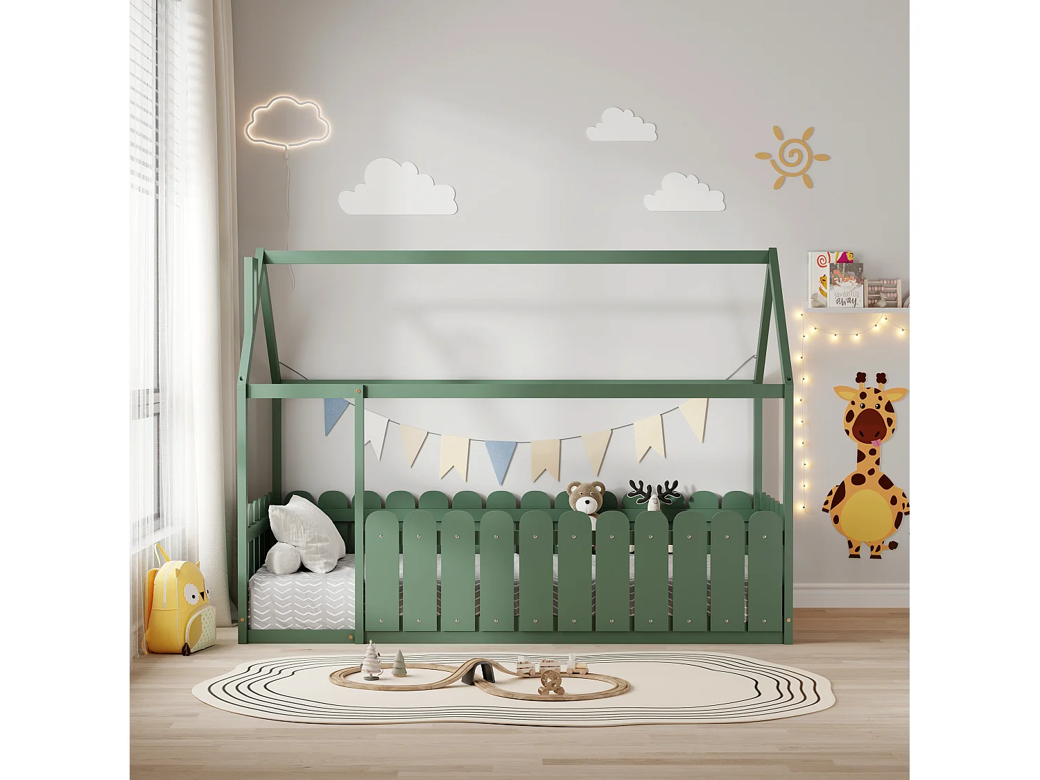 MINEA | Lit cabane avec barrière CALINOU 90x190 cm (matelas non inclus)