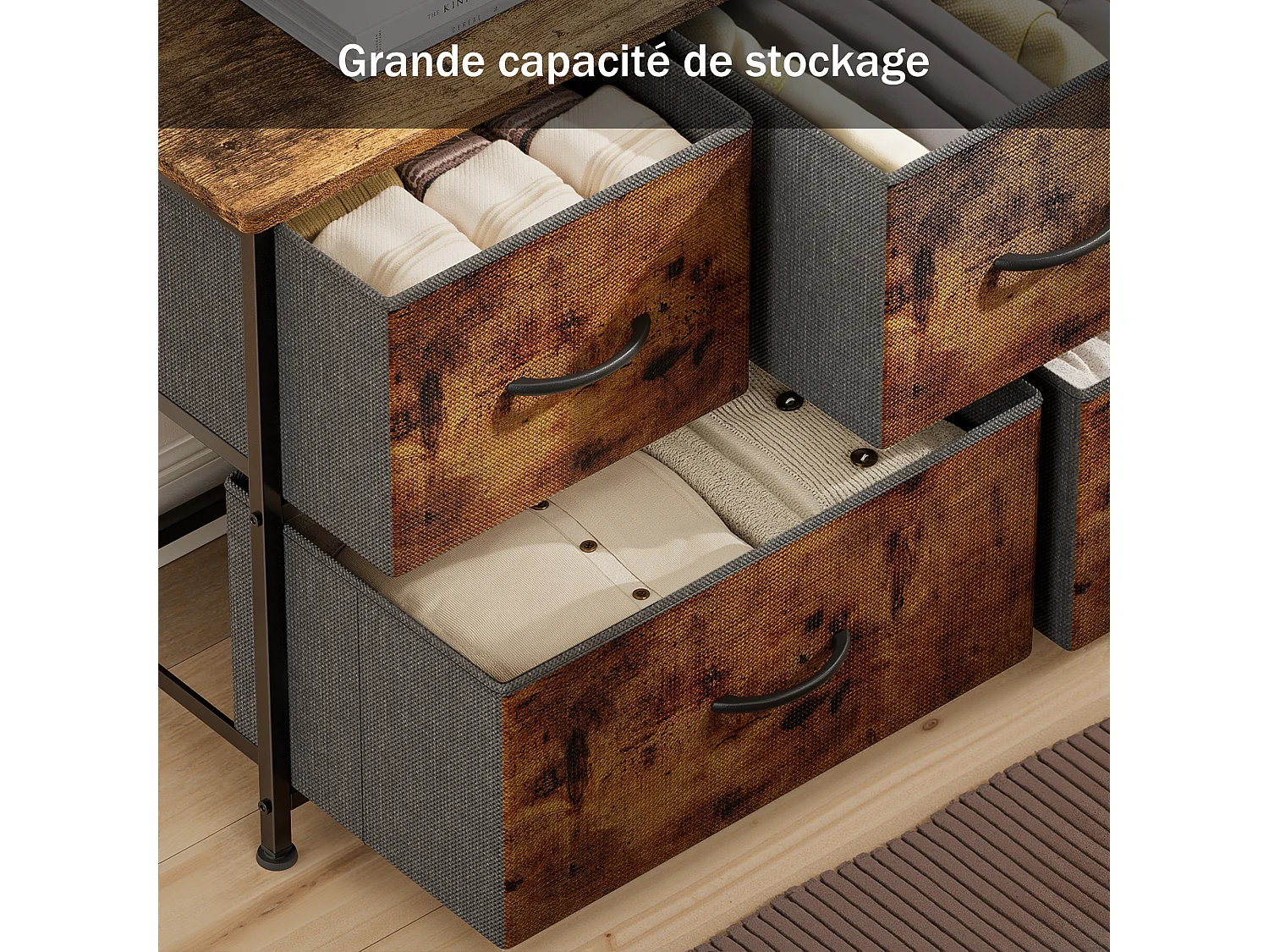 Bealife slaapkamerkommode met 5 linnen laden, staal frame, verstelbare plastic poten, bruine vintage inrichting