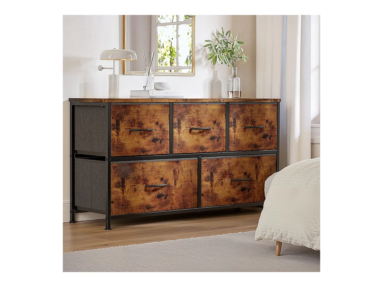 Commode de Chambre Bealife 5 Tiroirs en Tissu Cadre en Acier Pieds en Plastique Réglable Rangement Meuble Marron Vintage