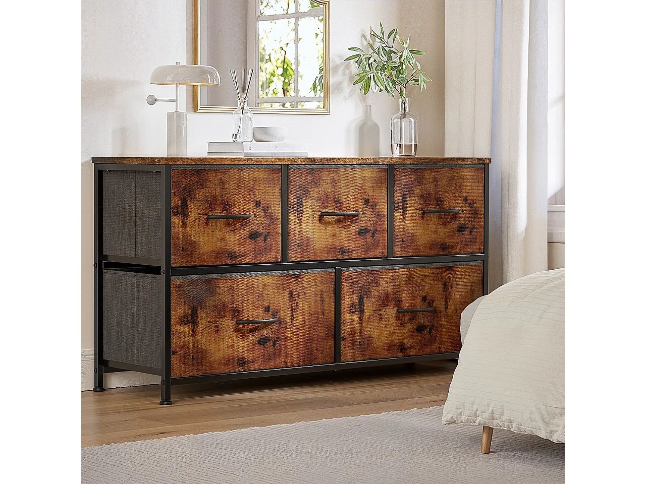 Commode de Chambre Bealife 5 Tiroirs en Tissu Cadre en Acier Pieds en Plastique Réglable Rangement Meuble Marron Vintage
