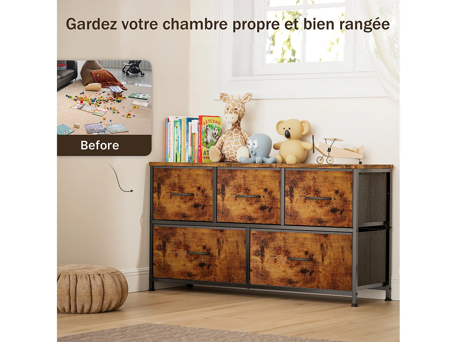 Commode de Chambre Bealife 5 Tiroirs en Tissu Cadre en Acier Pieds en Plastique Réglable Rangement Meuble Marron Vintage