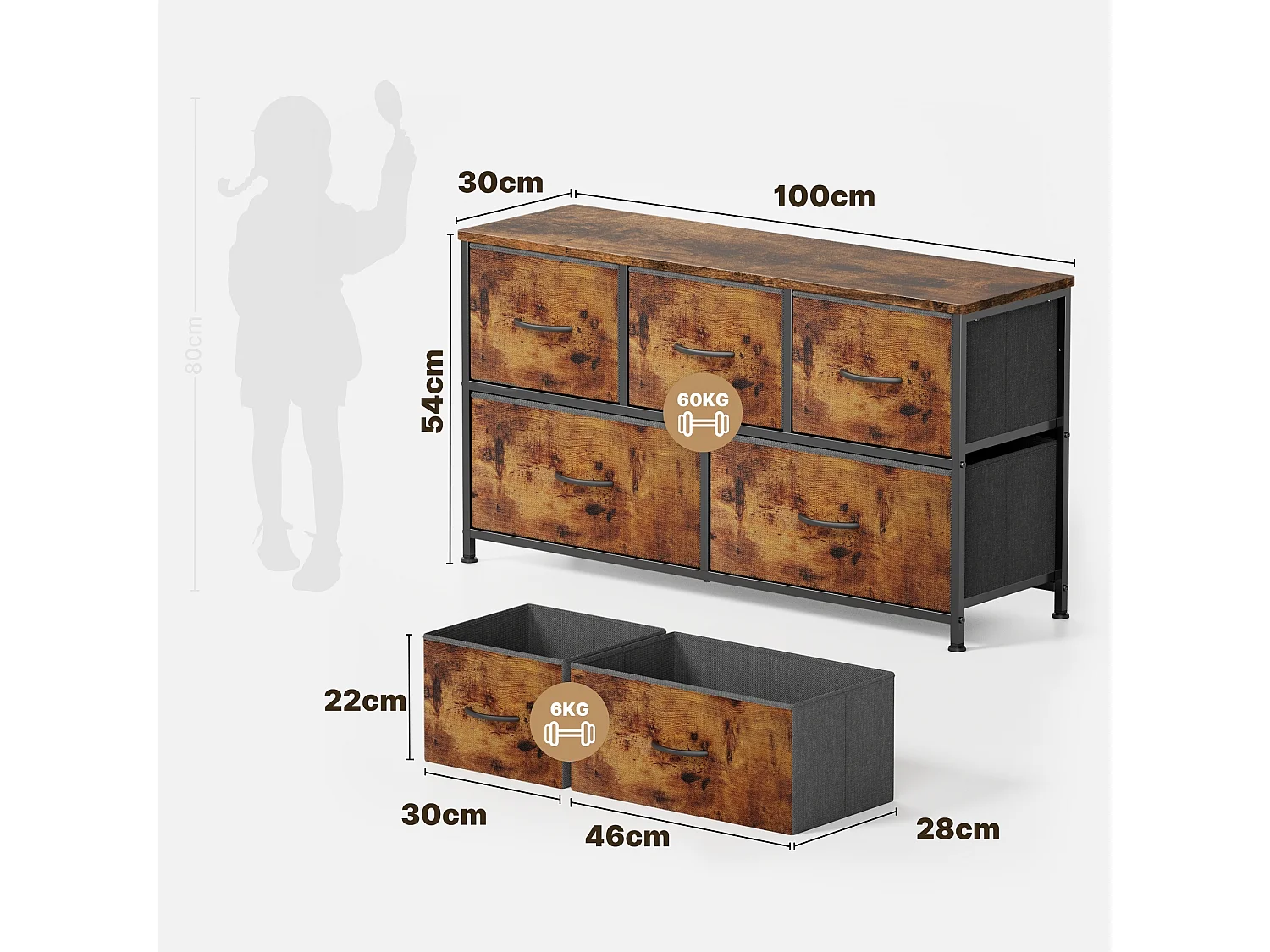 Commode de Chambre Bealife 5 Tiroirs en Tissu Cadre en Acier Pieds en Plastique Réglable Rangement Meuble Marron Vintage