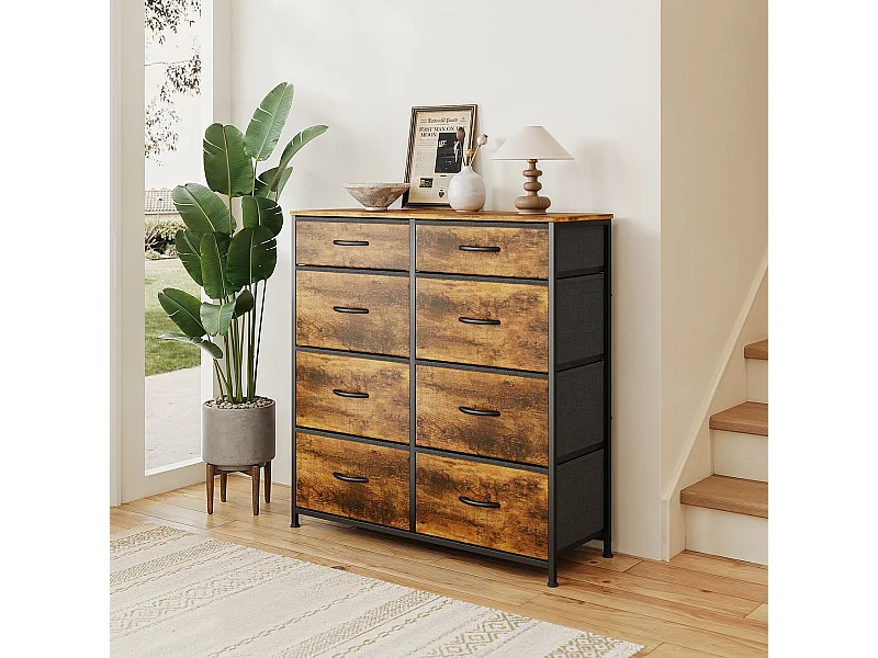 Bealife slaapkamerkommode met 8 linnen laden, staal frame, verstelbare plastic poten, bruine vintage inrichting