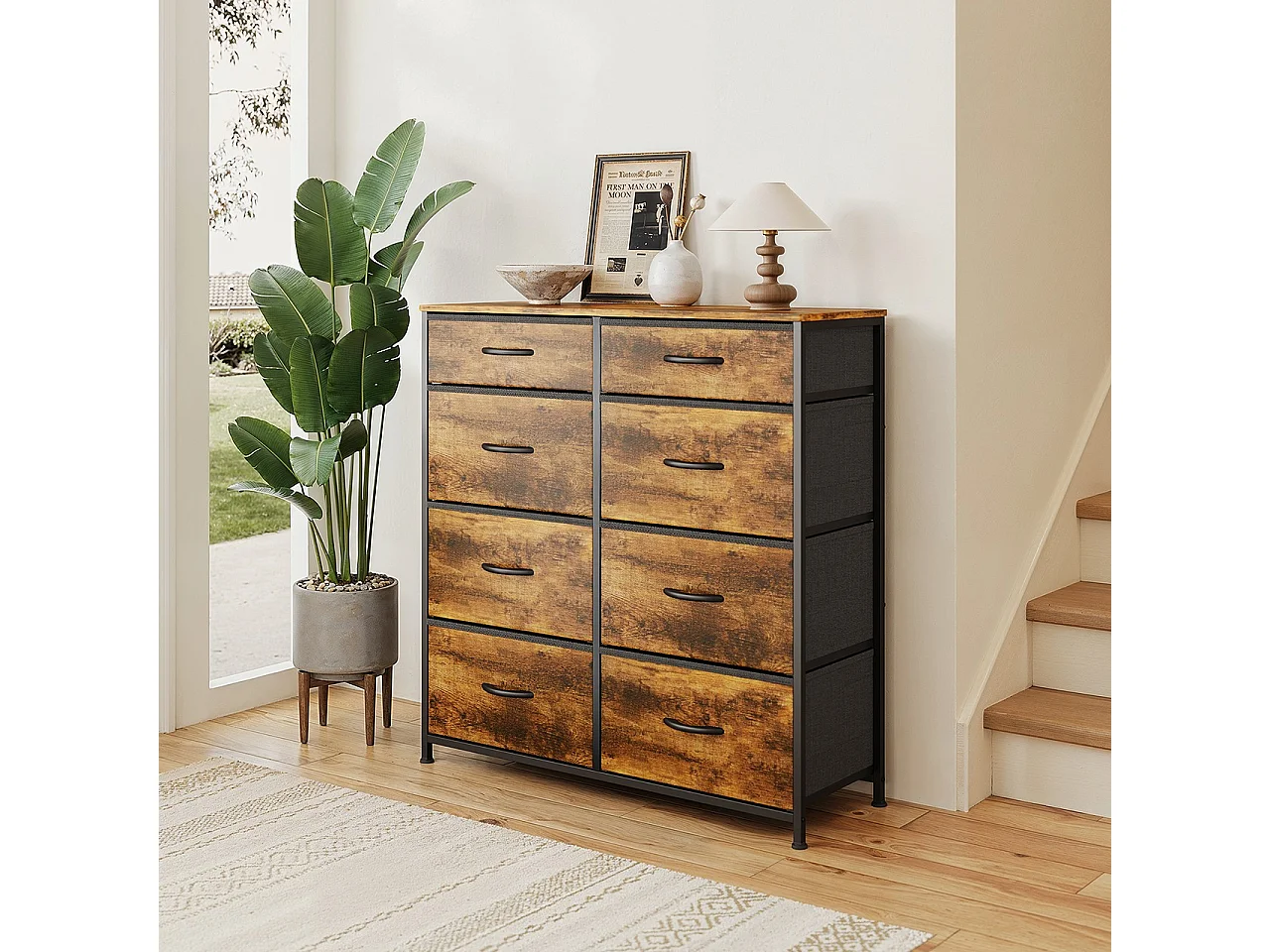 Commode de Chambre Bealife 8 Tiroirs en Tissu Cadre en Acier Pieds en Plastique Réglable Rangement Meuble Marron Vintage