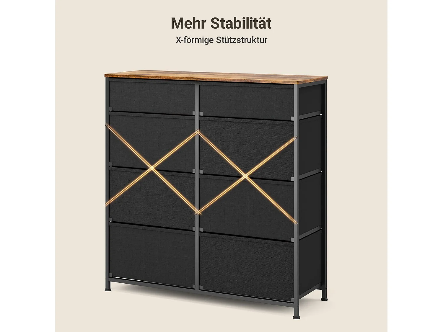 Commode de Chambre Bealife 8 Tiroirs en Tissu Cadre en Acier Pieds en Plastique Réglable Rangement Meuble Marron Vintage