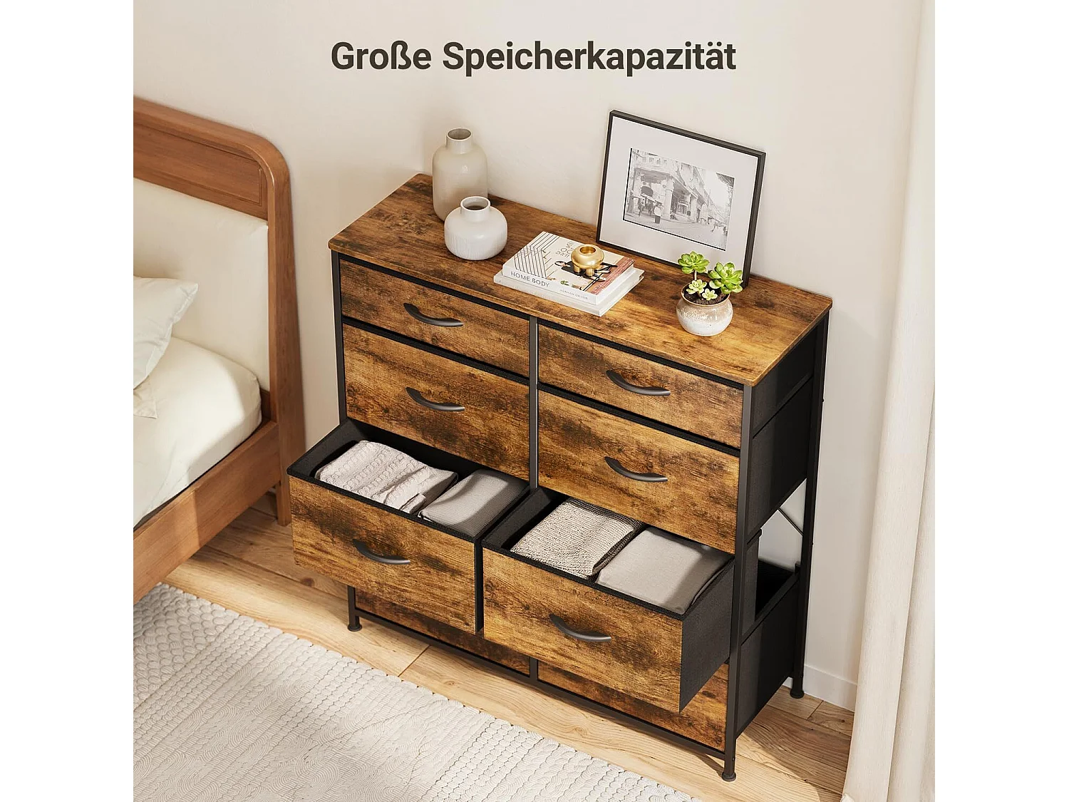 Commode de Chambre Bealife 8 Tiroirs en Tissu Cadre en Acier Pieds en Plastique Réglable Rangement Meuble Marron Vintage