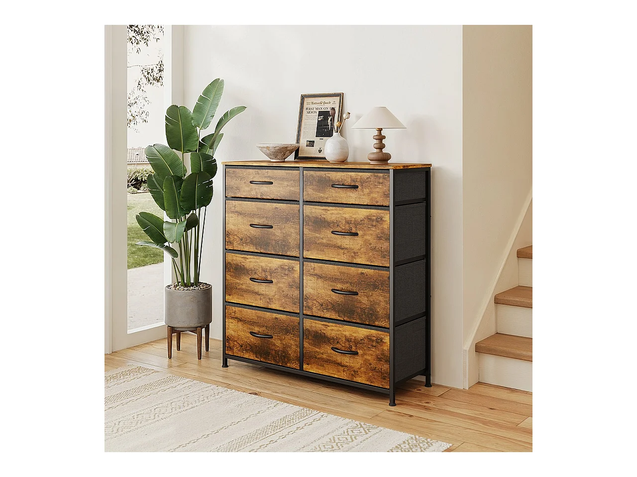 Commode de Chambre Bealife 8 Tiroirs en Tissu Cadre en Acier Pieds en Plastique Réglable Rangement Meuble Marron Vintage