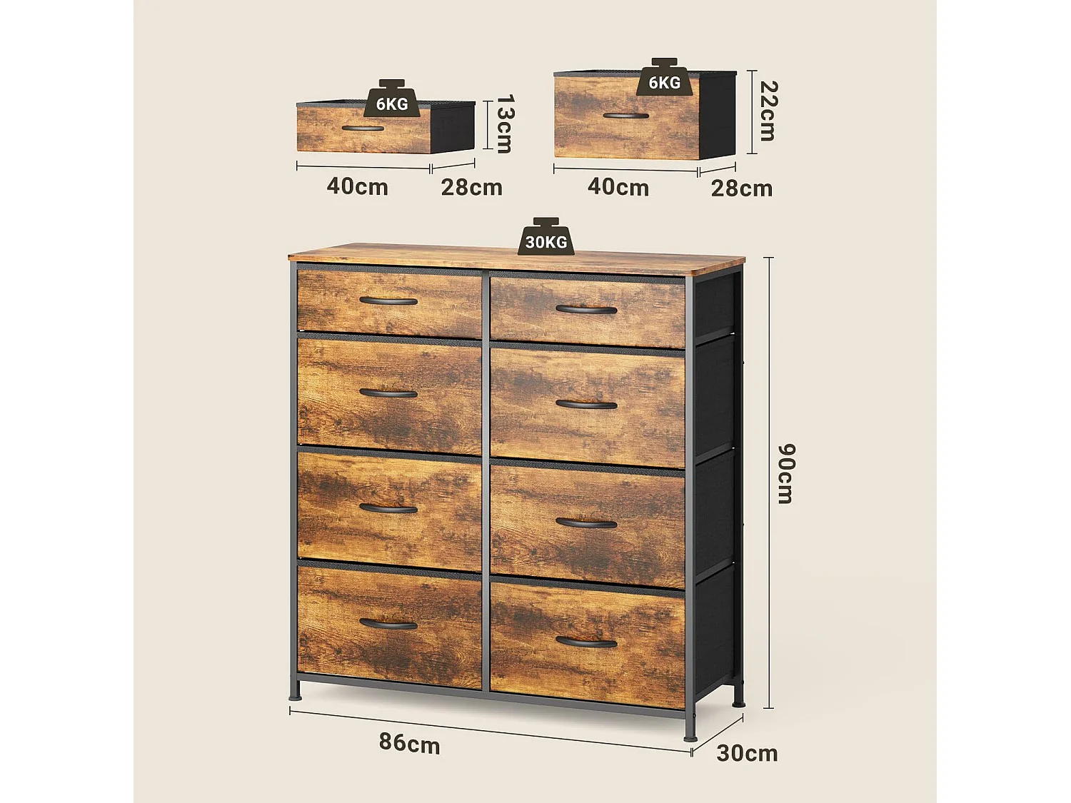 Commode de Chambre Bealife 8 Tiroirs en Tissu Cadre en Acier Pieds en Plastique Réglable Rangement Meuble Marron Vintage