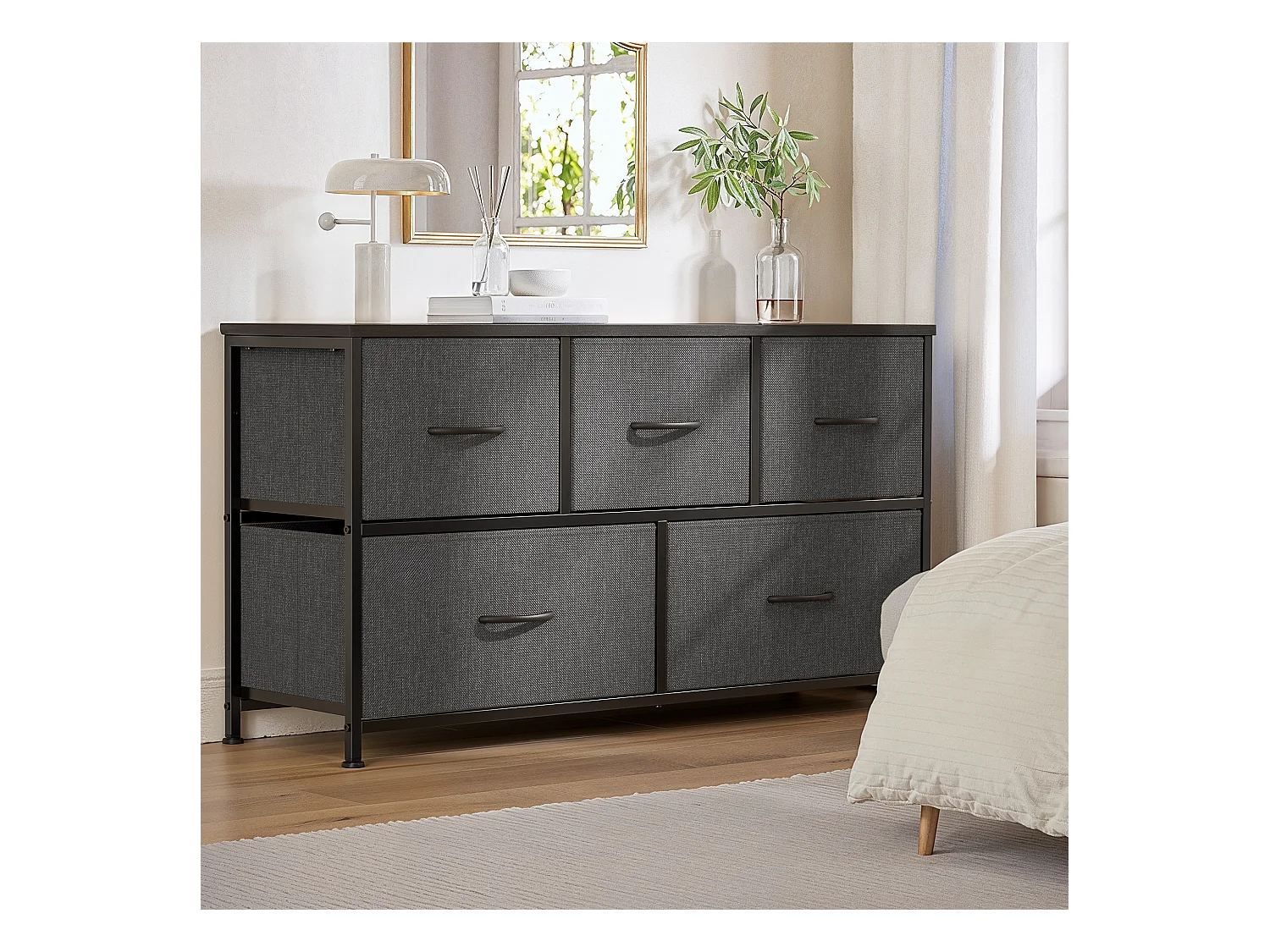Commode de Chambre Bealife 5 Tiroirs en Tissu Cadre en Acier Pieds en Plastique Réglable Rangement Meuble Gris Foncé