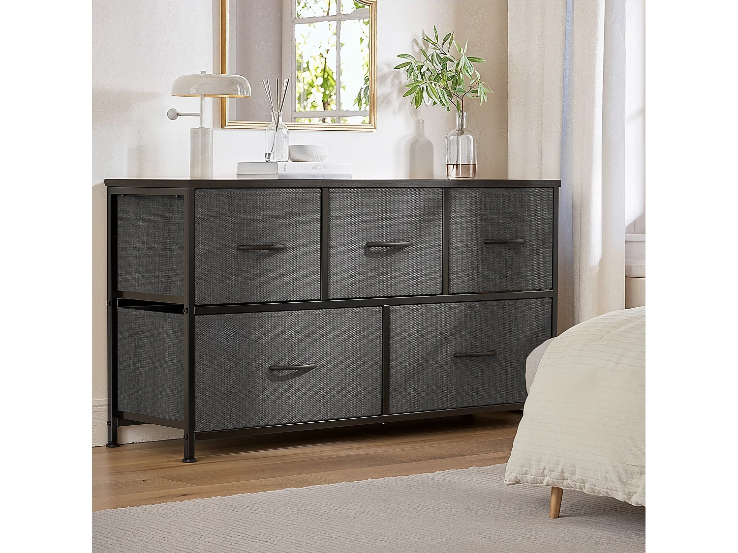Commode de Chambre Bealife 5 Tiroirs en Tissu Cadre en Acier Pieds en Plastique Réglable Rangement Meuble Gris Foncé