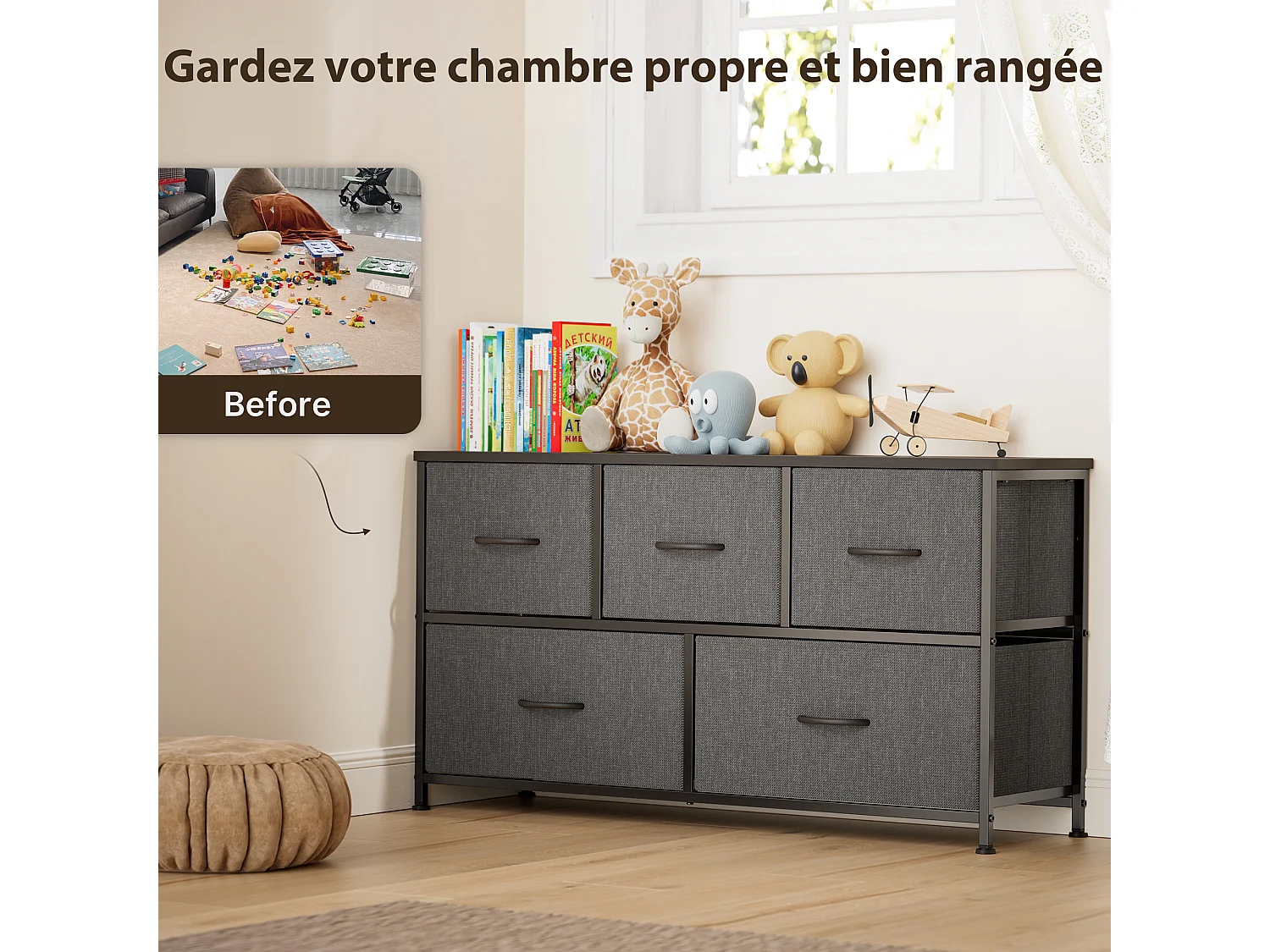 Commode de Chambre Bealife 5 Tiroirs en Tissu Cadre en Acier Pieds en Plastique Réglable Rangement Meuble Gris Foncé