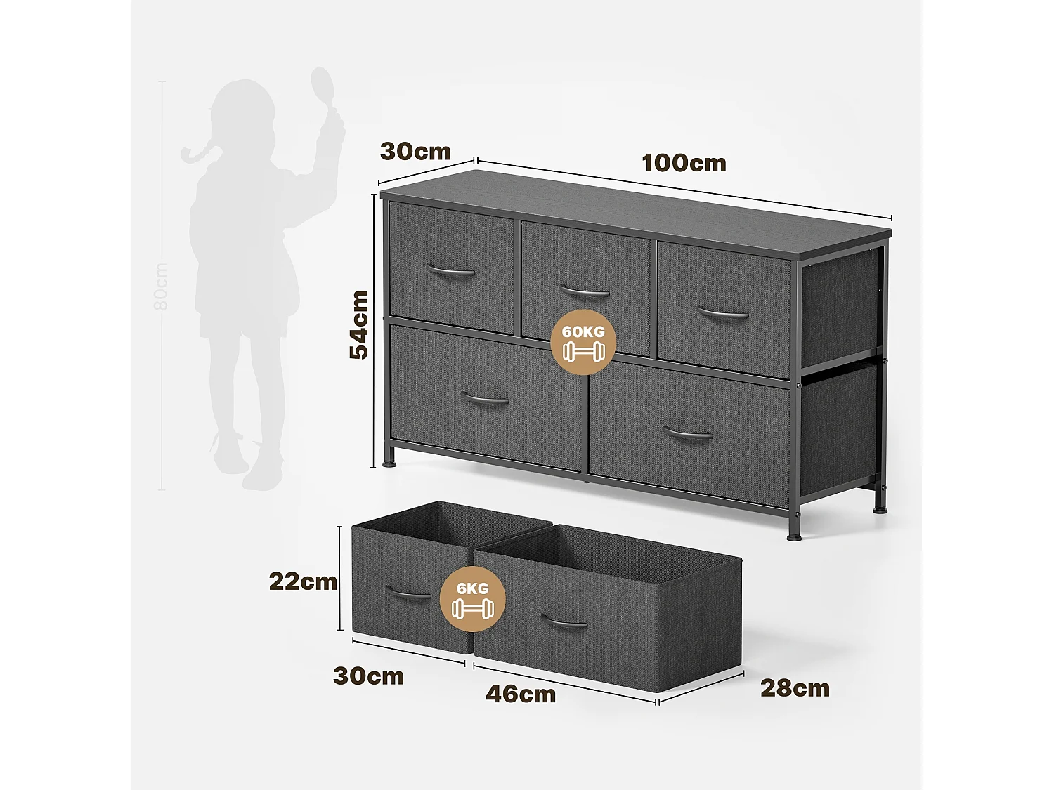 Commode de Chambre Bealife 5 Tiroirs en Tissu Cadre en Acier Pieds en Plastique Réglable Rangement Meuble Gris Foncé