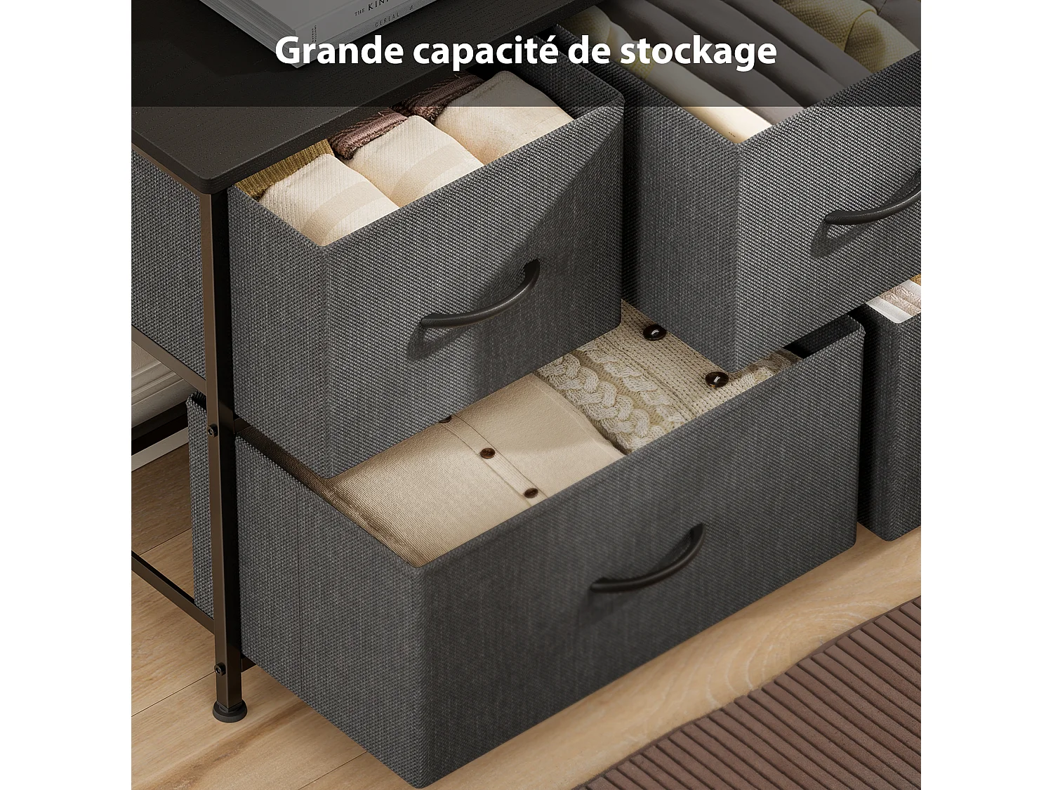 Commode de Chambre Bealife 5 Tiroirs en Tissu Cadre en Acier Pieds en Plastique Réglable Rangement Meuble Gris Foncé