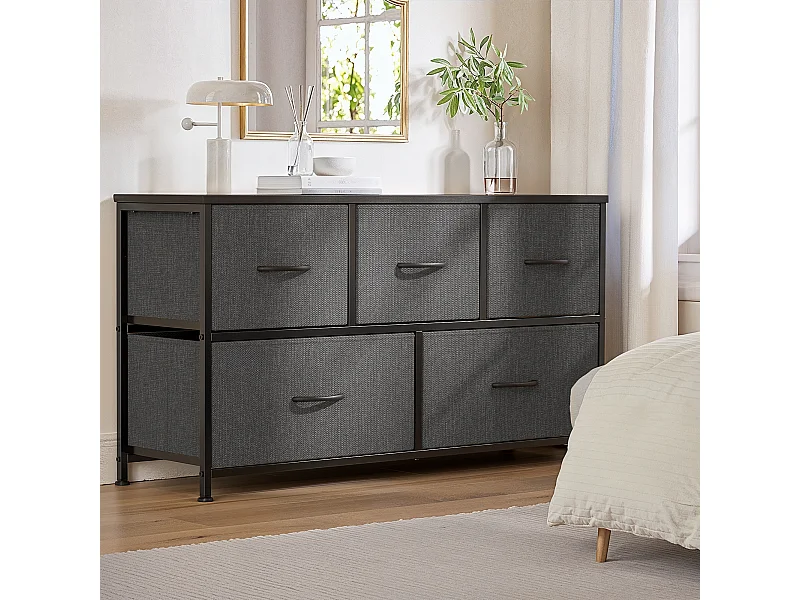 Commode de Chambre Bealife 5 Tiroirs en Tissu Cadre en Acier Pieds en Plastique Réglable Rangement Meuble Gris Foncé