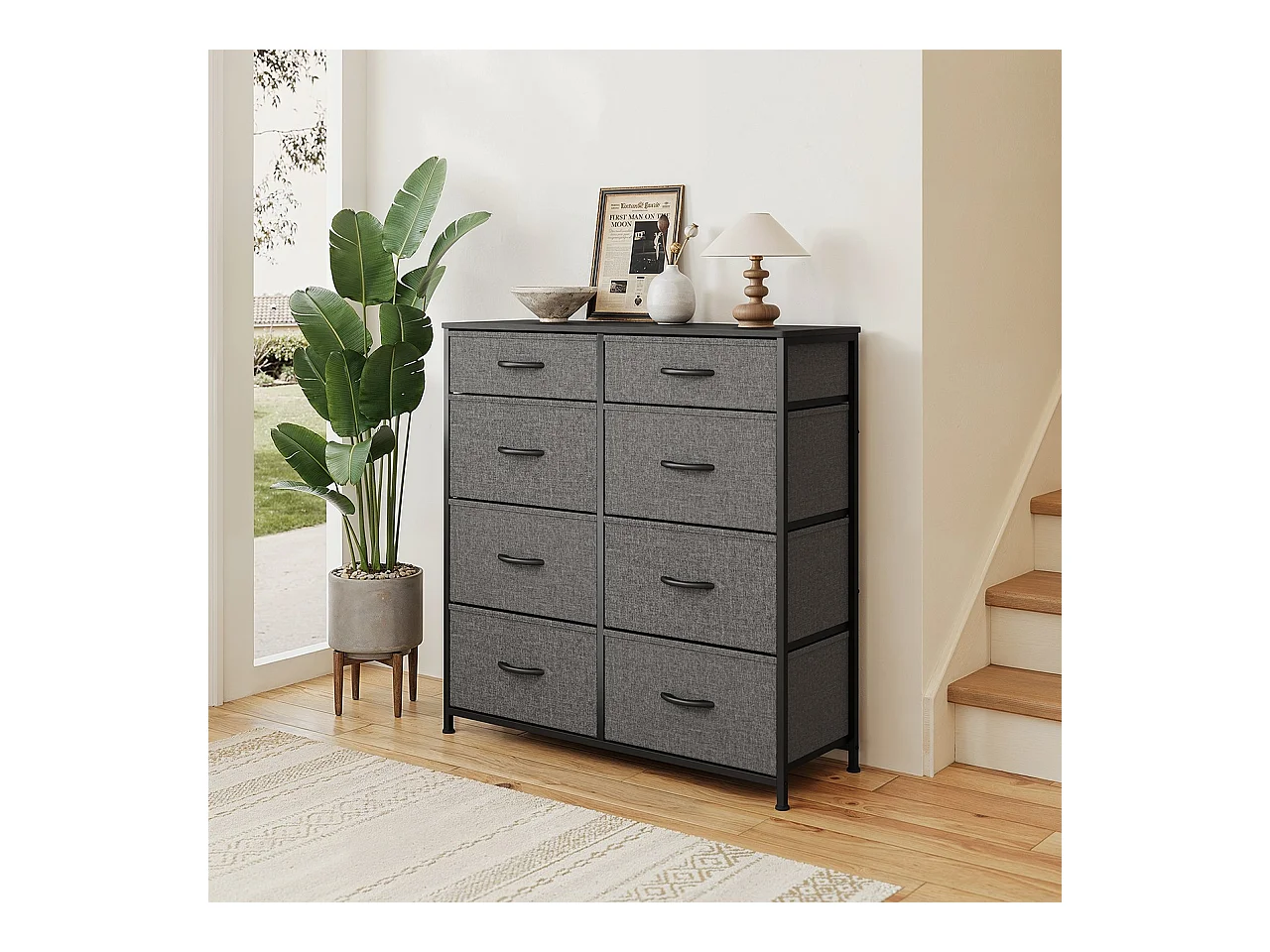 Commode de Chambre Bealife 8 Tiroirs en Tissu Cadre en Acier Pieds en Plastique Réglable Rangement Meuble Gris Foncé