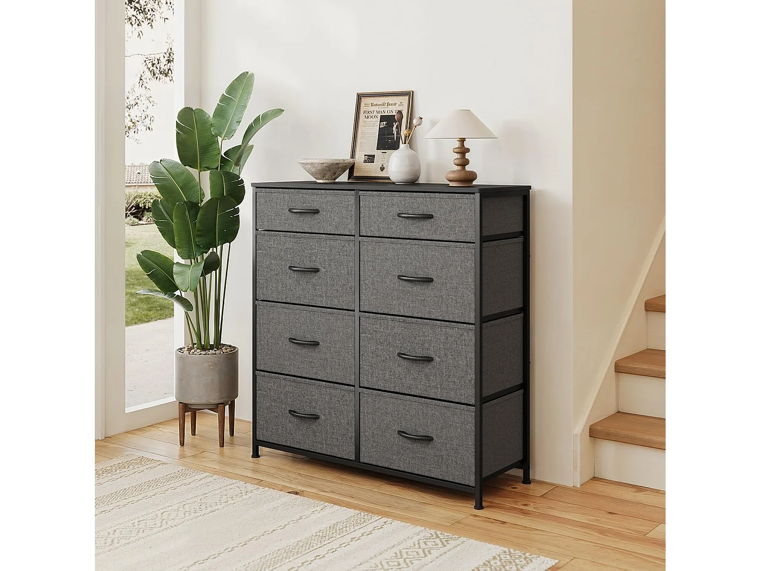 Commode de Chambre Bealife 8 Tiroirs en Tissu Cadre en Acier Pieds en Plastique Réglable Rangement Meuble Gris Foncé