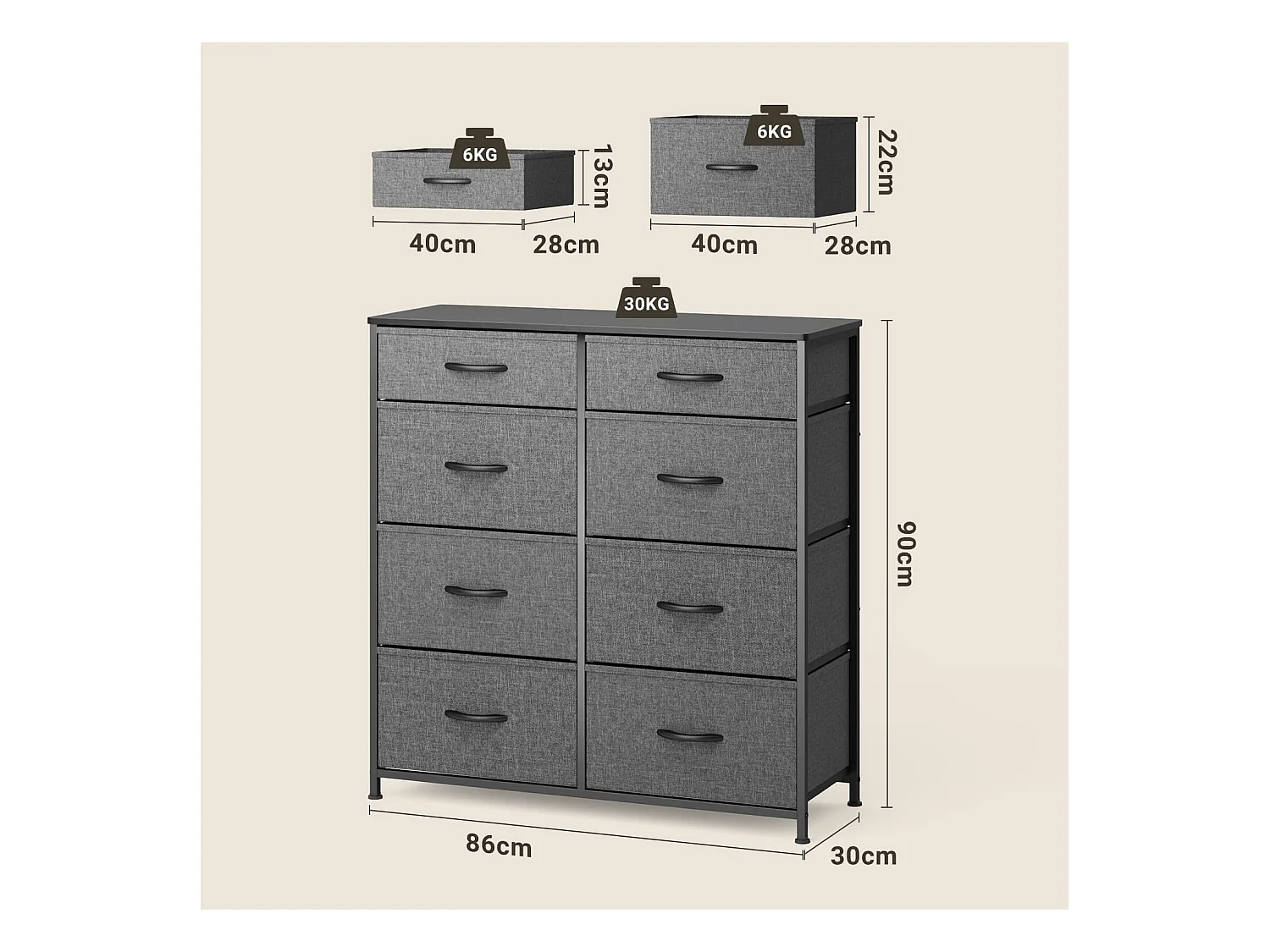Commode de Chambre Bealife 8 Tiroirs en Tissu Cadre en Acier Pieds en Plastique Réglable Rangement Meuble Gris Foncé