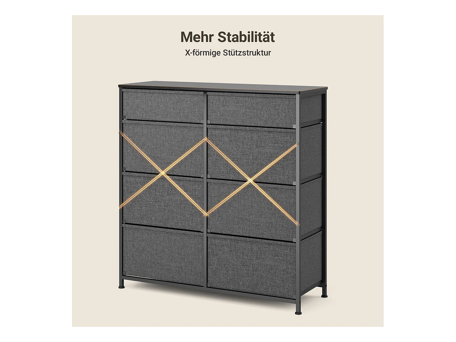 Commode de Chambre Bealife 8 Tiroirs en Tissu Cadre en Acier Pieds en Plastique Réglable Rangement Meuble Gris Foncé