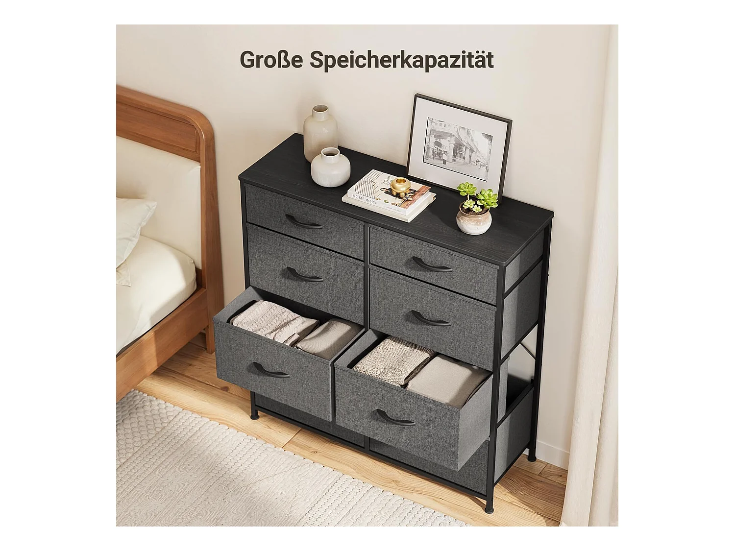 Commode de Chambre Bealife 8 Tiroirs en Tissu Cadre en Acier Pieds en Plastique Réglable Rangement Meuble Gris Foncé